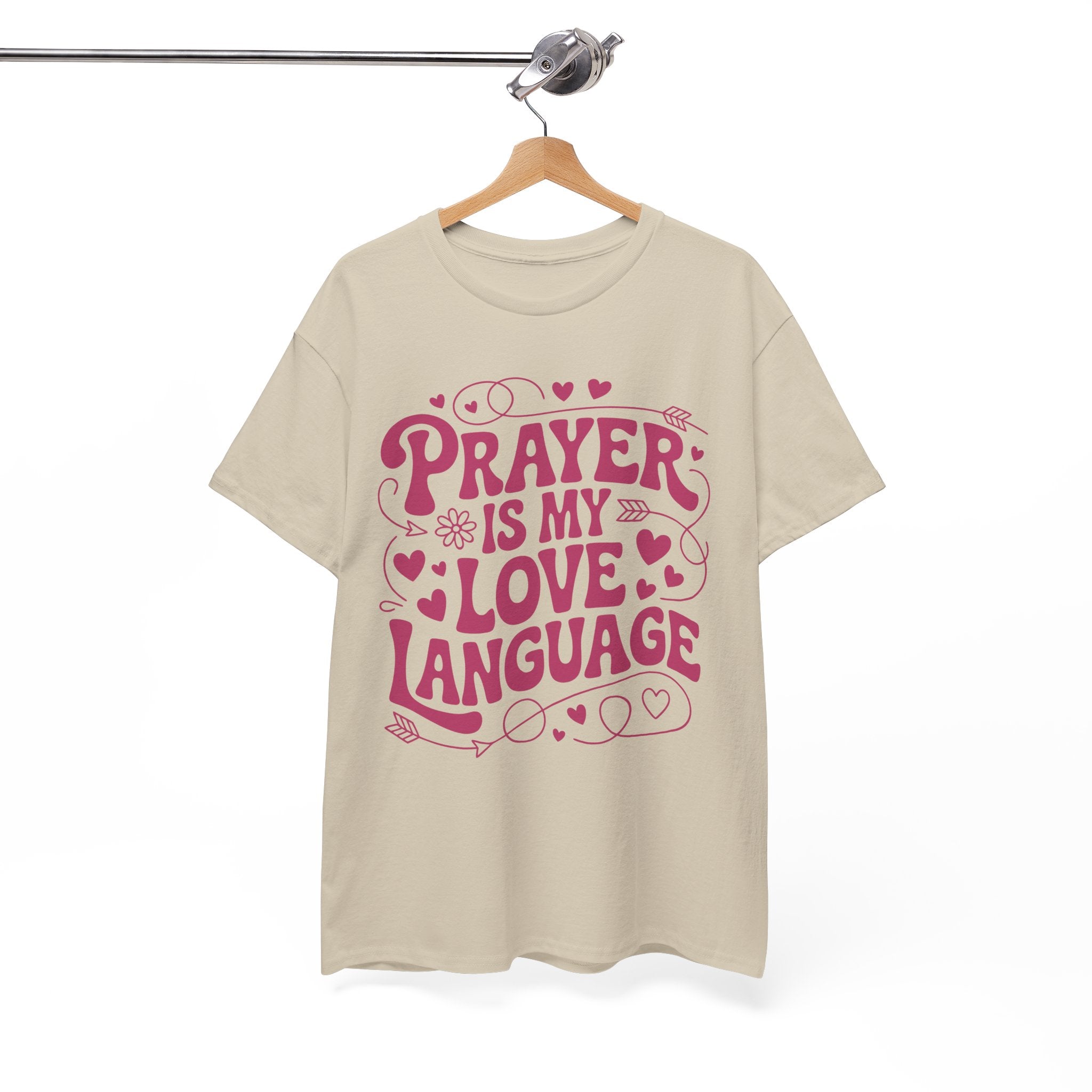 Prayer Is My Love Language Christian Tee — Pastel Pink Hearts Unisex Cotton Tee