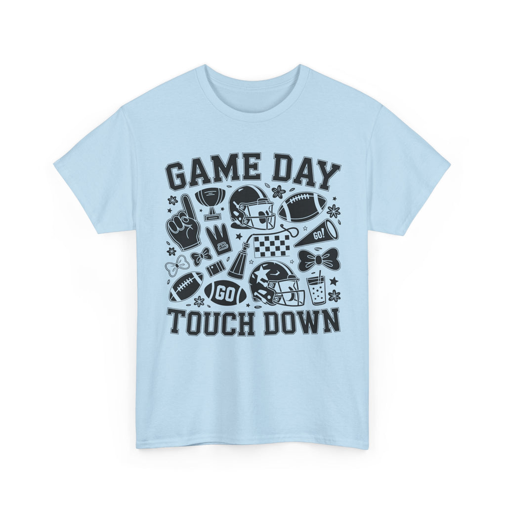Game Day Touch Down Football T‑Shirt — Helmet & Cheer Monochrome Design Unisex Cotton Tee
