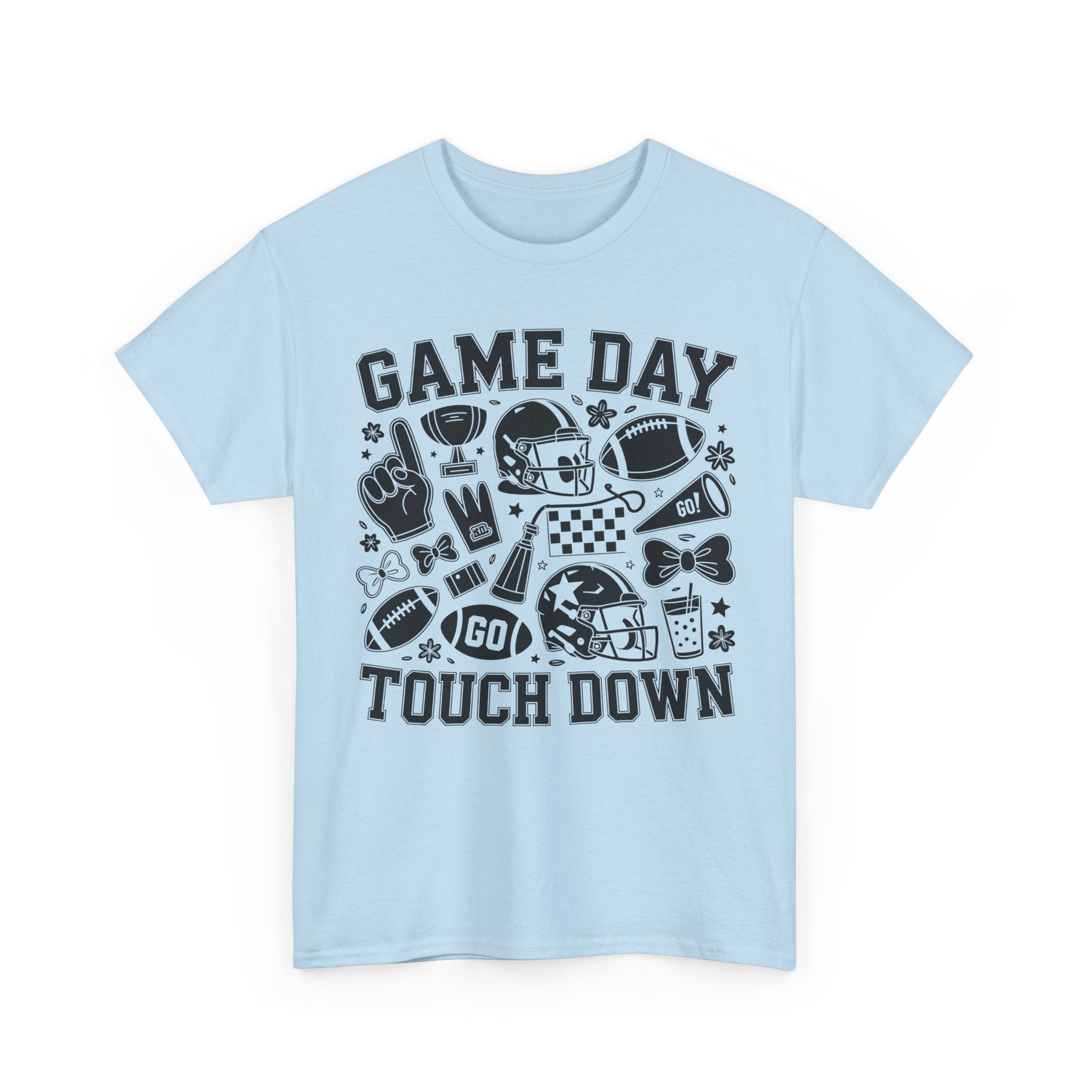 Game Day Touch Down Football T‑Shirt — Helmet & Cheer Monochrome Design Unisex Cotton Tee