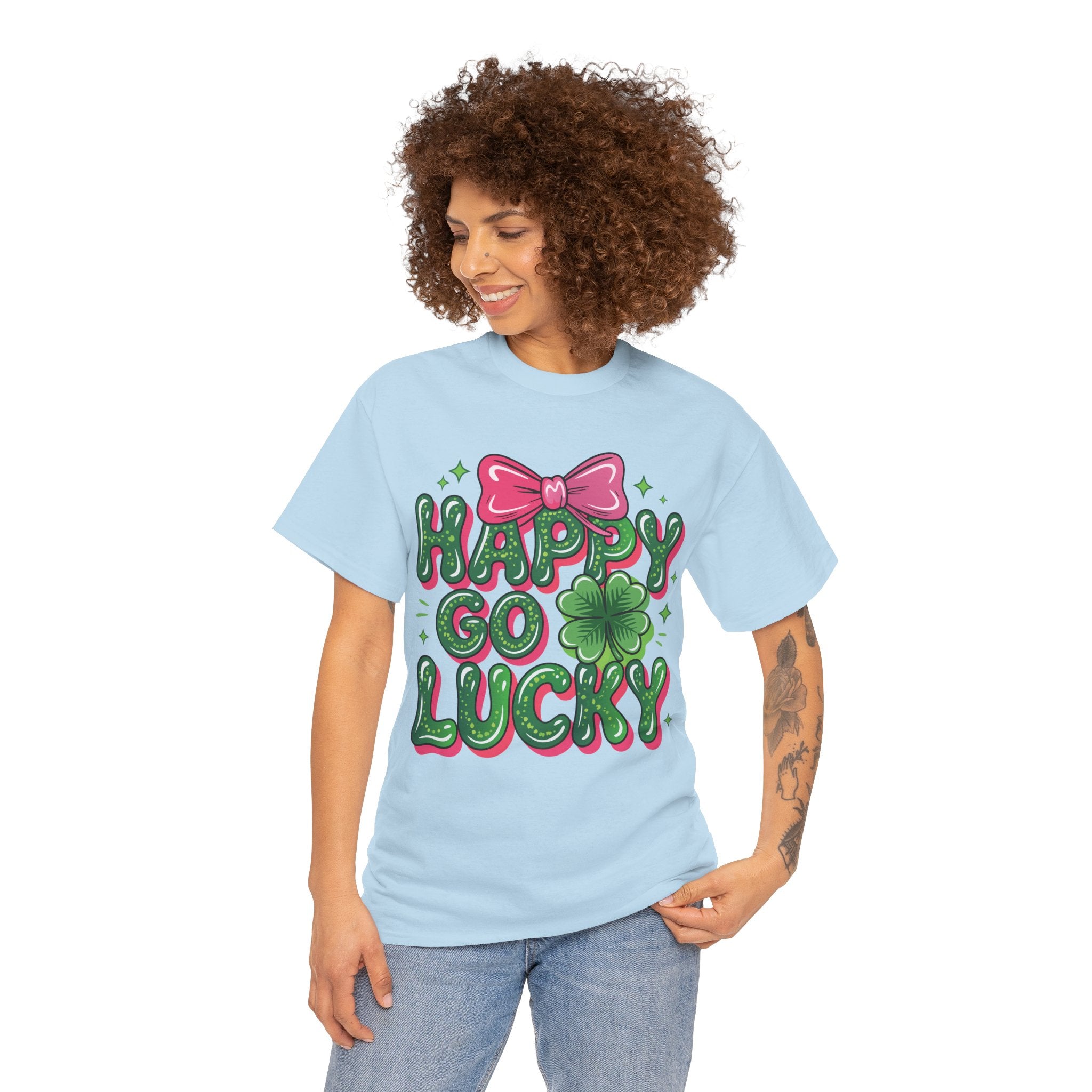 Happy Go Lucky Four-Leaf Clover Tee — Glossy Green Letters & Pink Bow Unisex Cotton Tee