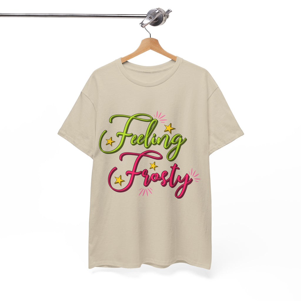 Feeling Frosty Holiday T-Shirt — Green & Pink Script Stars.Unisex Cotton Tee