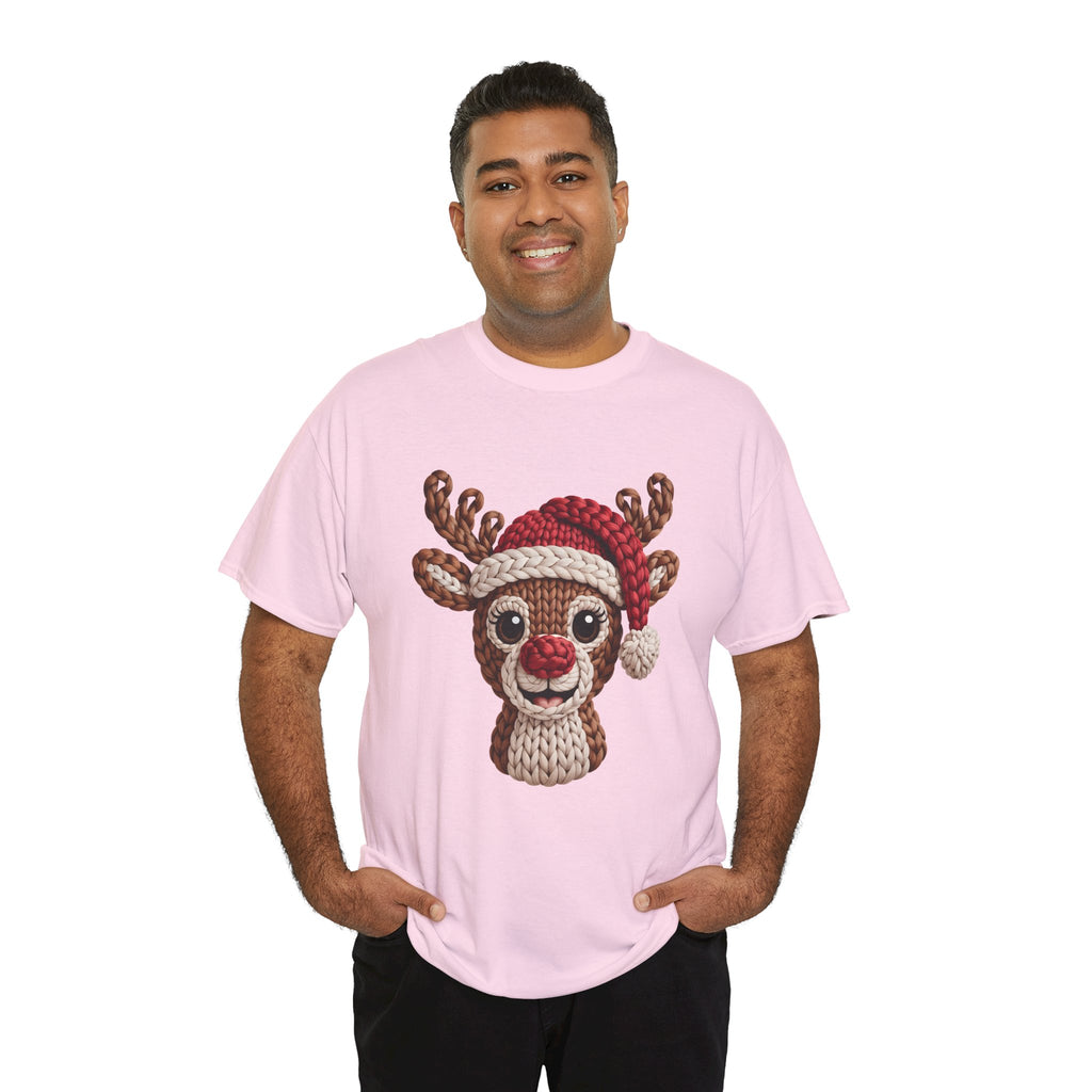 Reindeer in Santa Hat Cotton Tee — Joyful Faux-Yarn Holiday Unisex Coton T-Shirt
