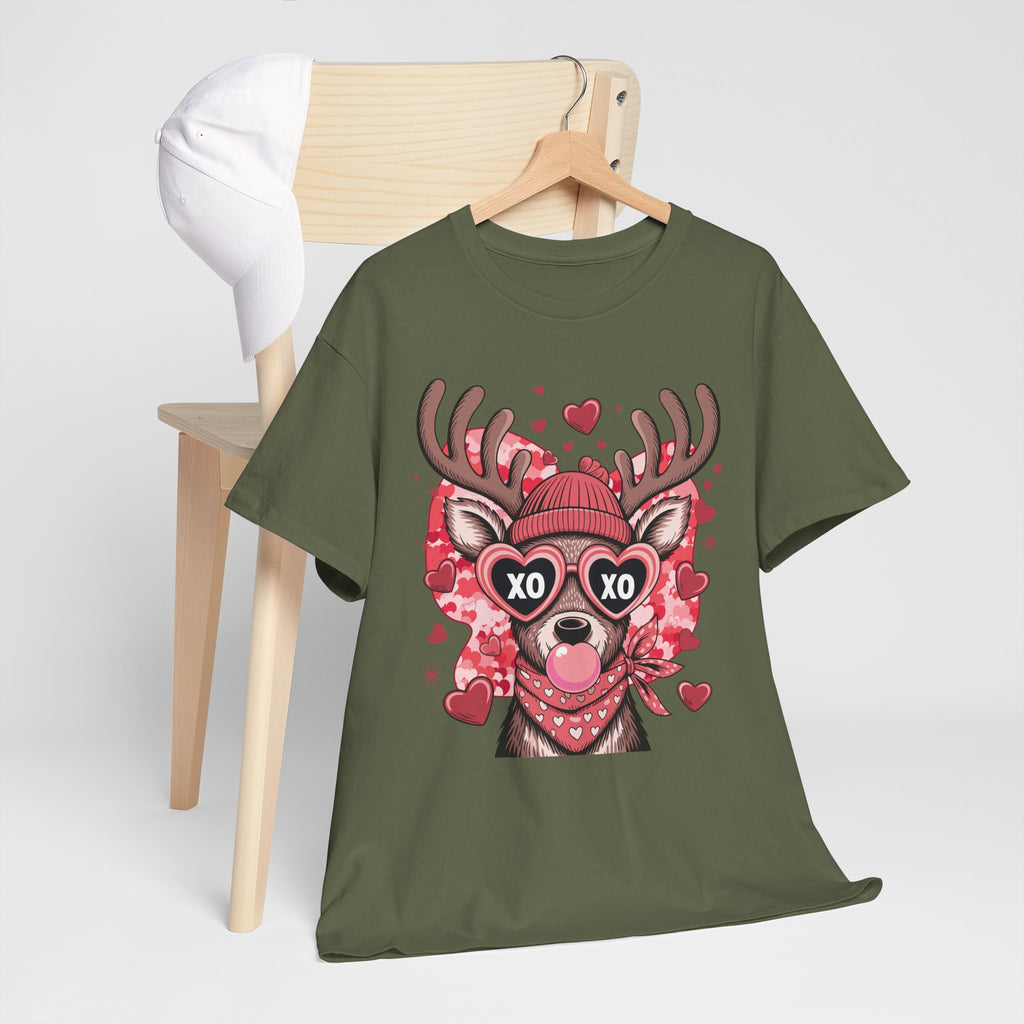 Valentine Deer Tee — Cute XO Heart Glasses, Beanie & Scarf Unisex Cotton Tshirt