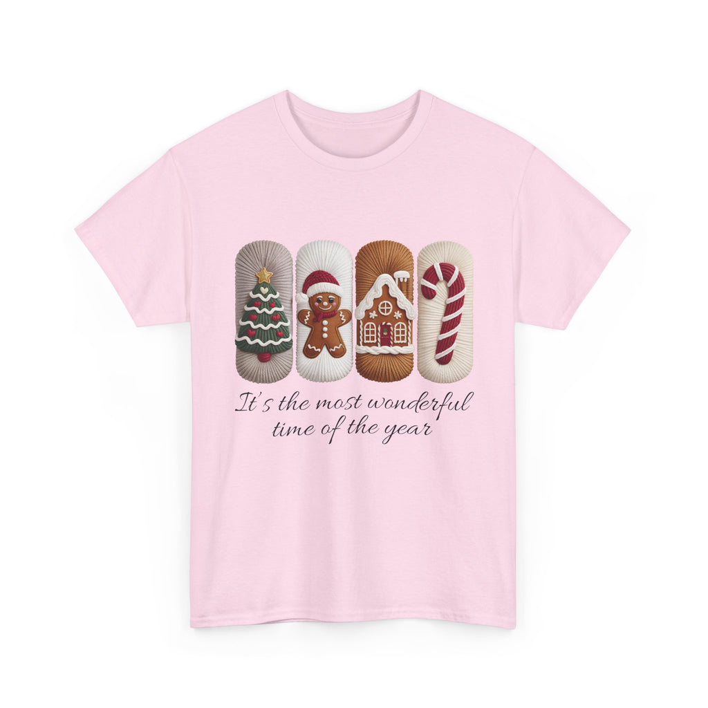 Christmas Faux-Yarn Tree Tee — Gingerbread House & Candy Cane Holiday Unisex Cotton T-Shirt