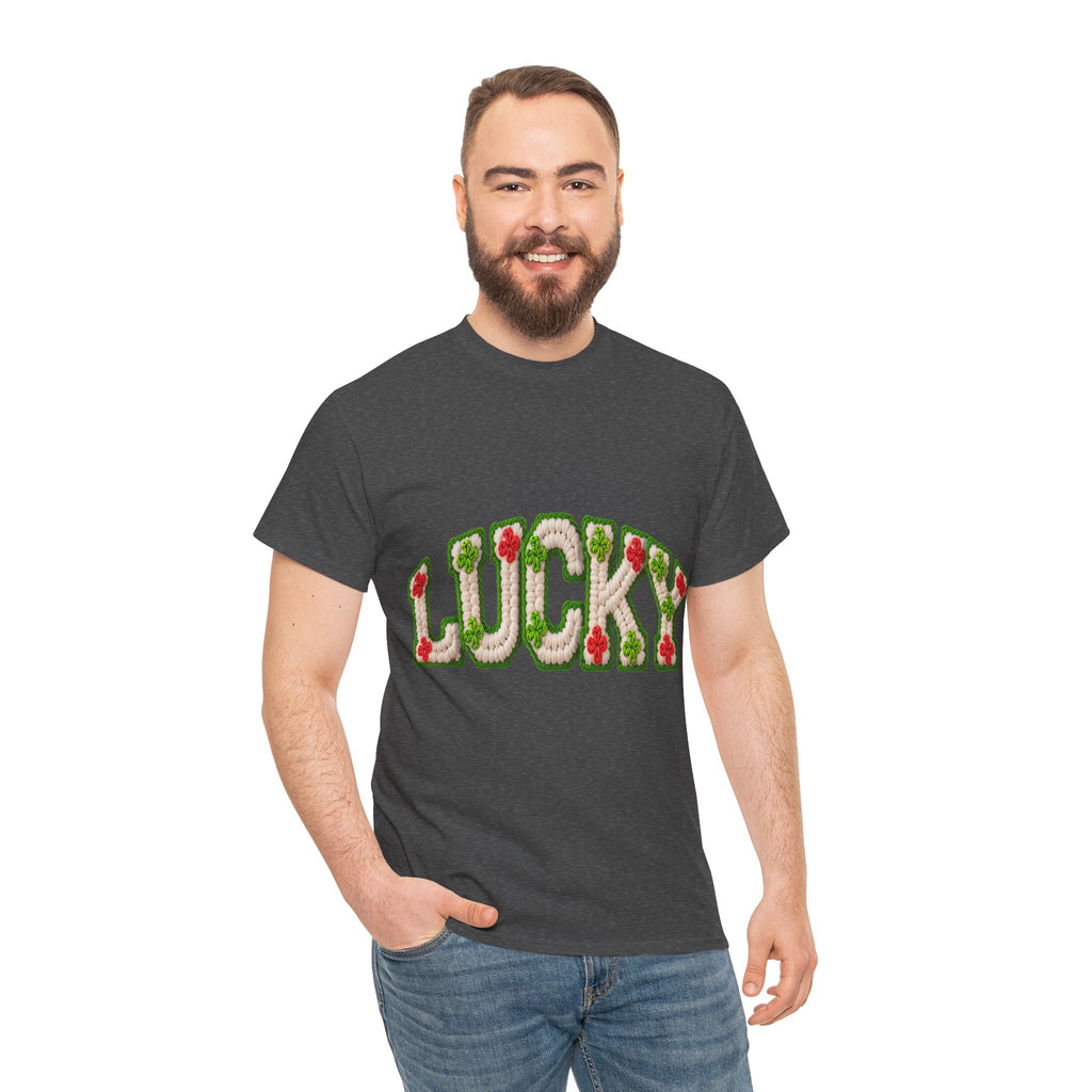 Lucky Crochet Clover T-Shirt — Faux-Yarn Embroidered St. Patrick’s Unisex Cotton Tee