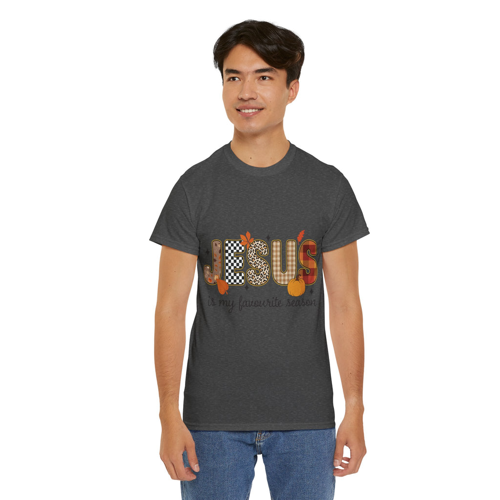 Jesus Is My Favorite Season Tee — Autumn Plaid & Leopard Lettering Unisex Cotton Tee