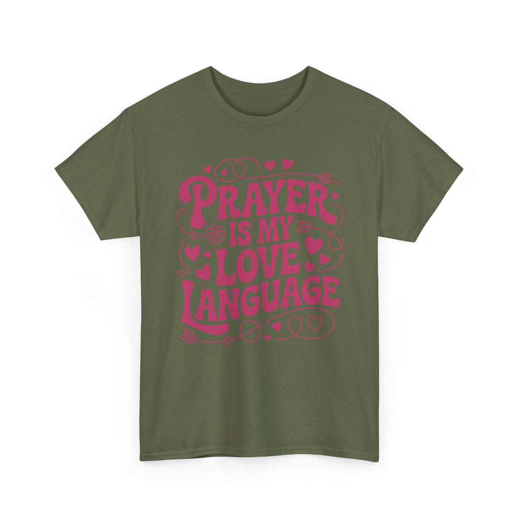 Prayer Is My Love Language Christian Tee — Pastel Pink Hearts Unisex Cotton Tee