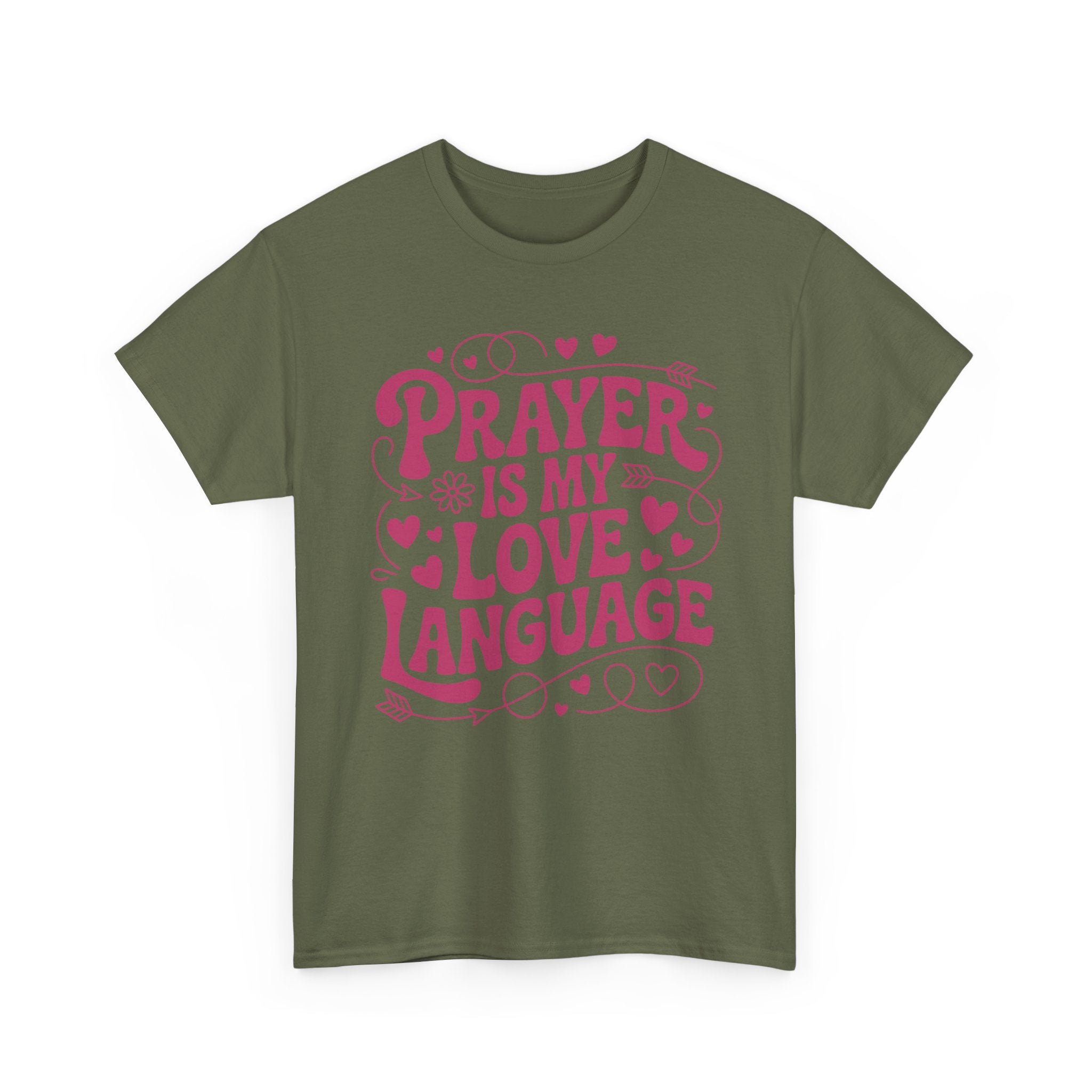 Prayer Is My Love Language Christian Tee — Pastel Pink Hearts Unisex Cotton Tee