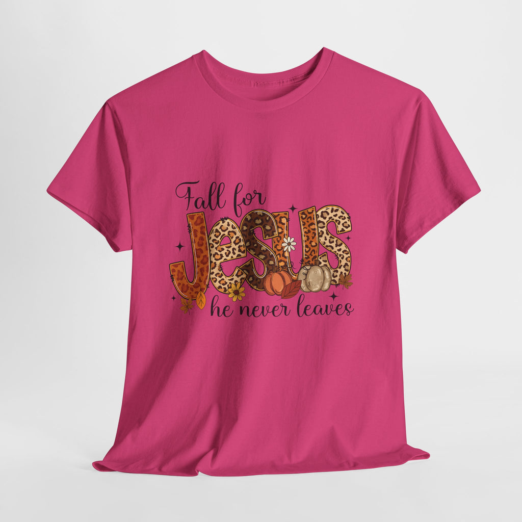 JESUS Leopard Print Fall T-Shirt — Pumpkins, Leaves & Floral Christian Unisex Cotton Tee