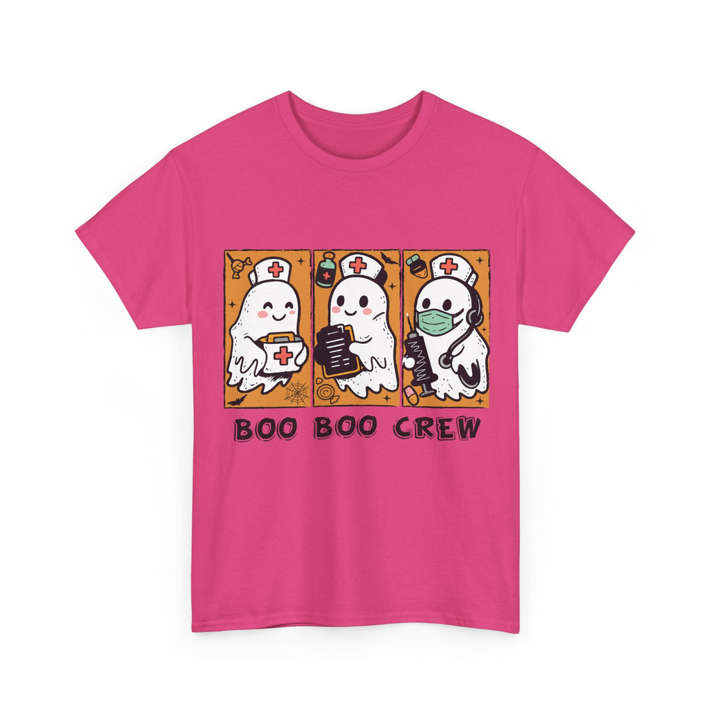 Halloween Nurse T-Shirt — Ghost Nurses Holding Medical Tools on Orange Unisec Cotton Tee