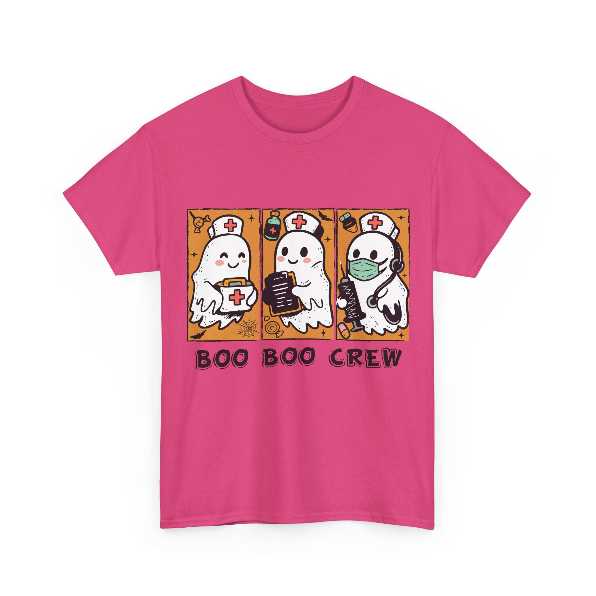 Halloween Nurse T-Shirt — Ghost Nurses Holding Medical Tools on Orange Unisec Cotton Tee