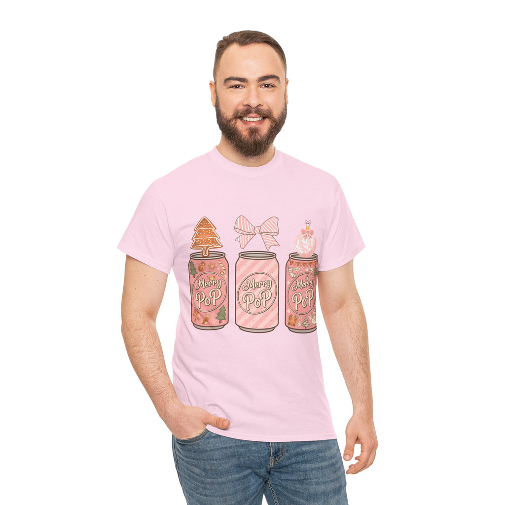 Merry Pop Christmas Soda Can Tee — Pastel Holiday Graphic Unisex Cotton T-Shirt