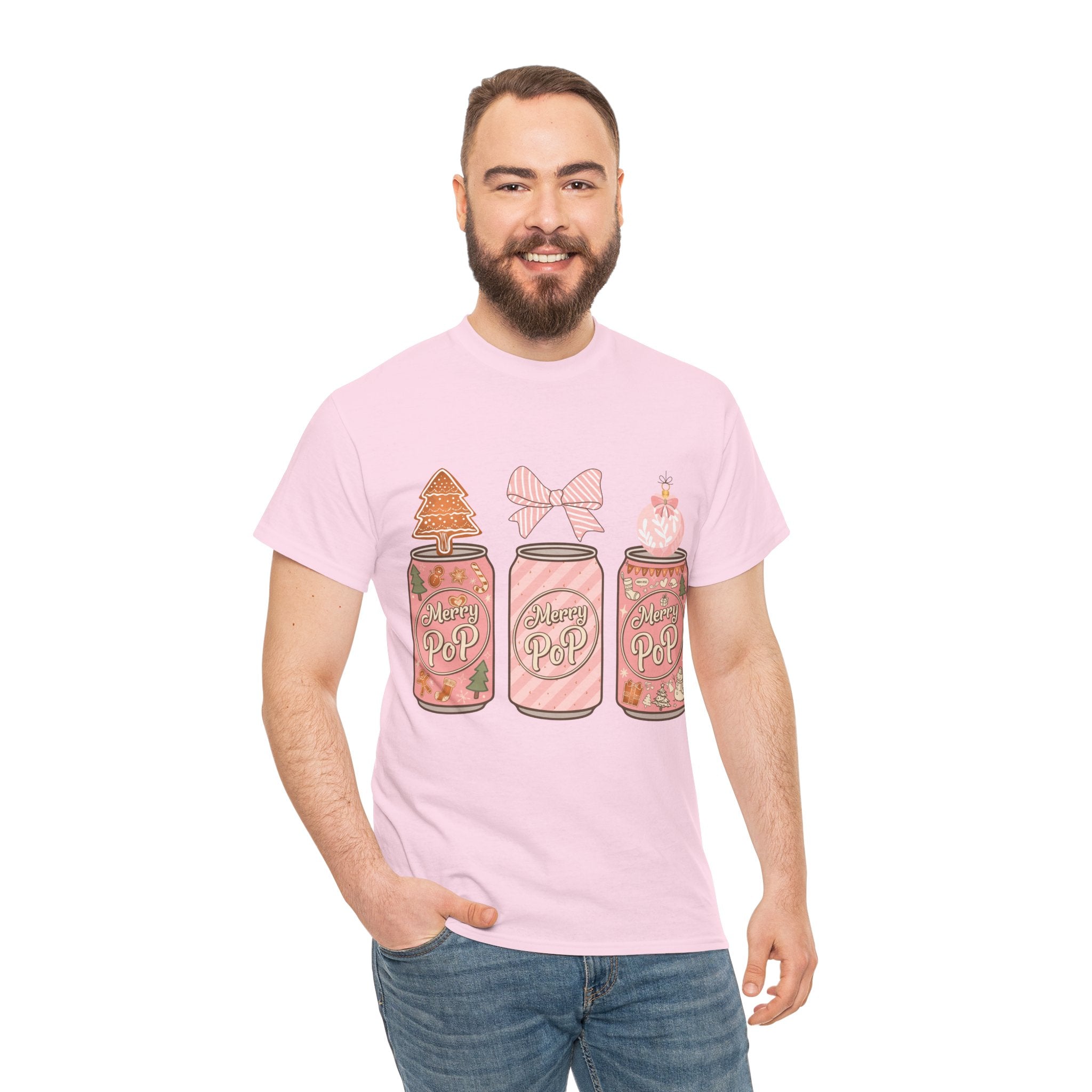 Merry Pop Christmas Soda Can Tee — Pastel Holiday Graphic Unisex Cotton T-Shirt