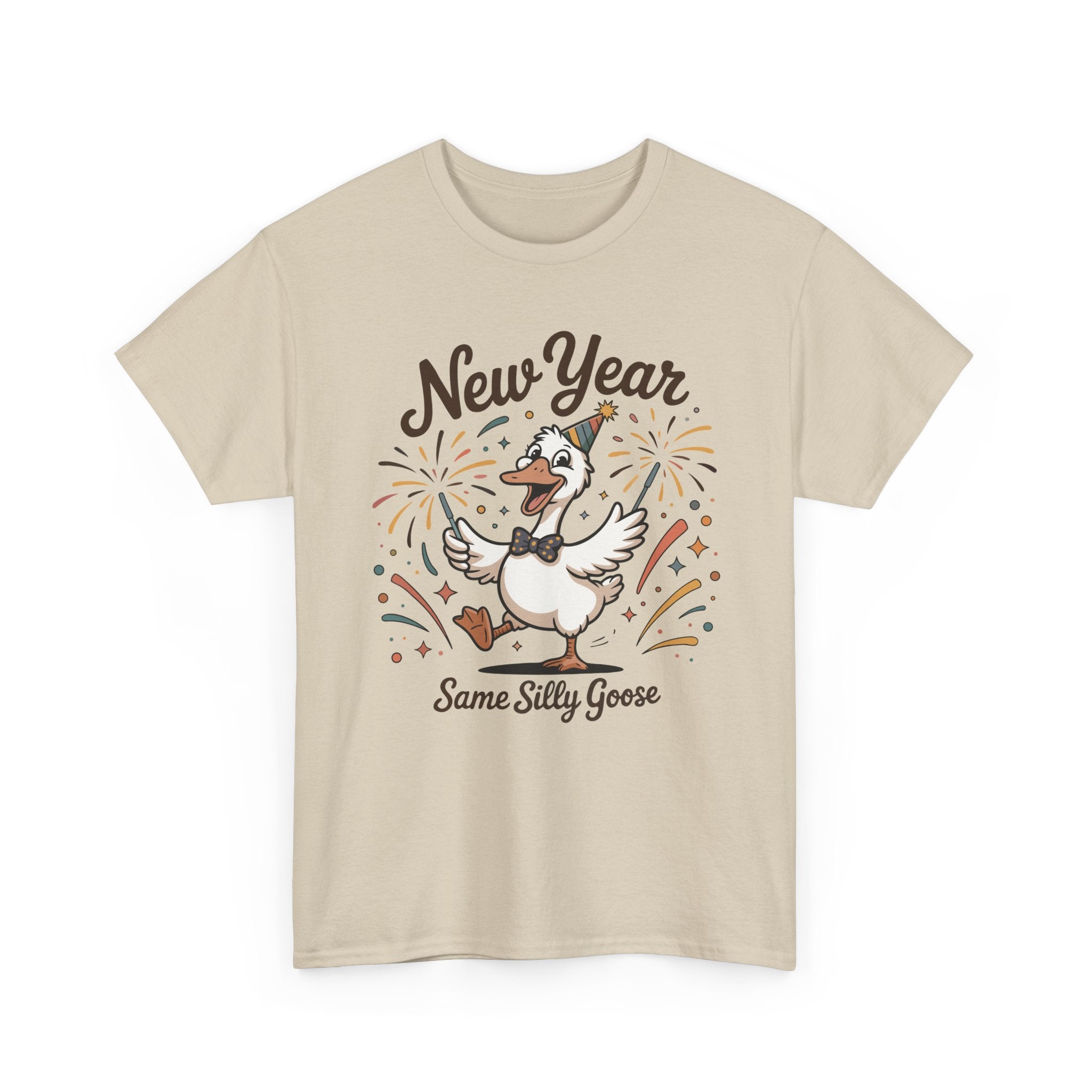 Happy Goose New Year T-Shirt — Party Hat, Fireworks & Confetti Unisex Cotton Tee