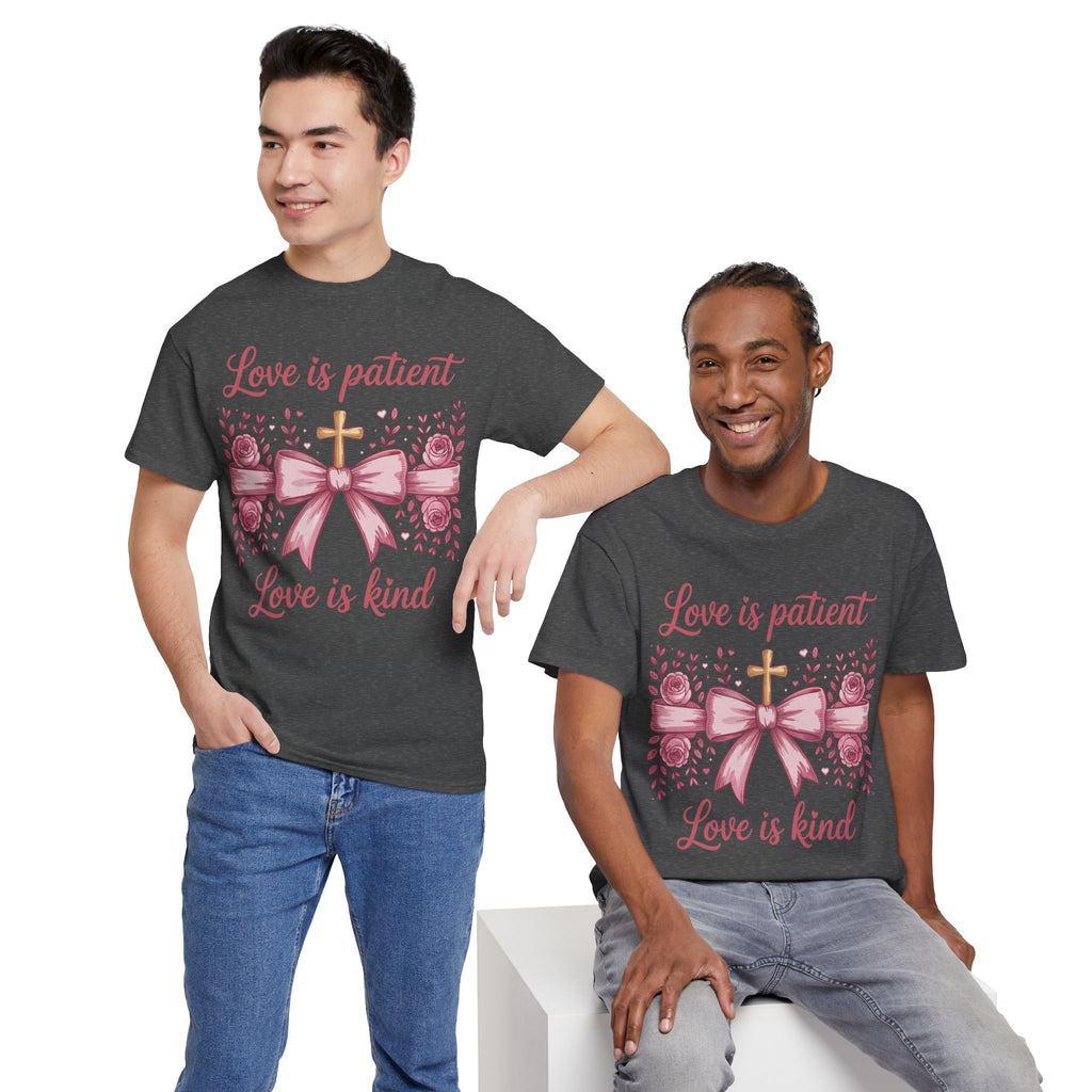 Christian Floral Tee — "Love is Patient, Love is Kind" Pink Rose Cross. Unisex Cotton Tee