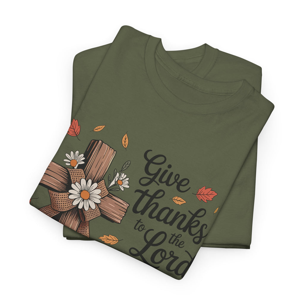 Give Thanks to the Lord Autumn Tee — Wooden Cross, Pumpkins & Daisies..Unisex Cotton Tee