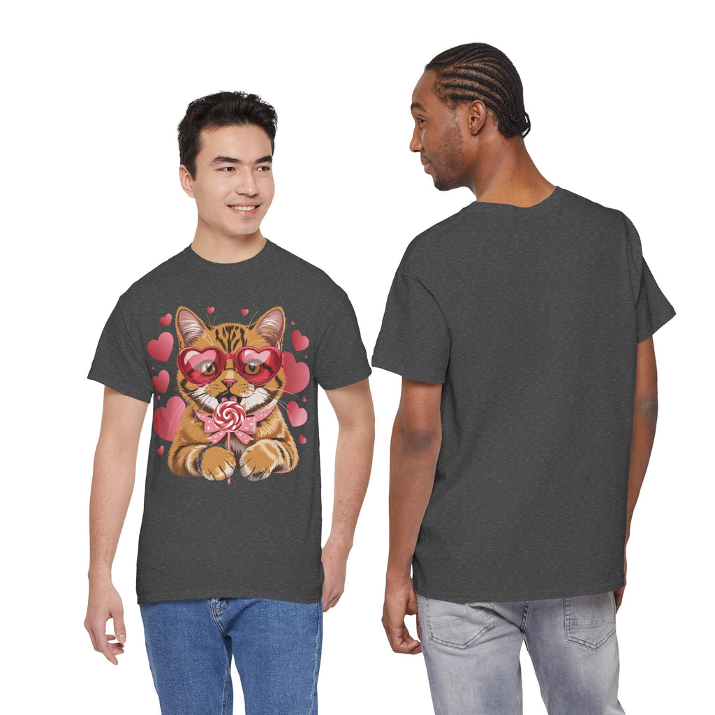 Valentine Cat Tee — Heart Glasses, Lollipop Bow Unisex Cotton Tee