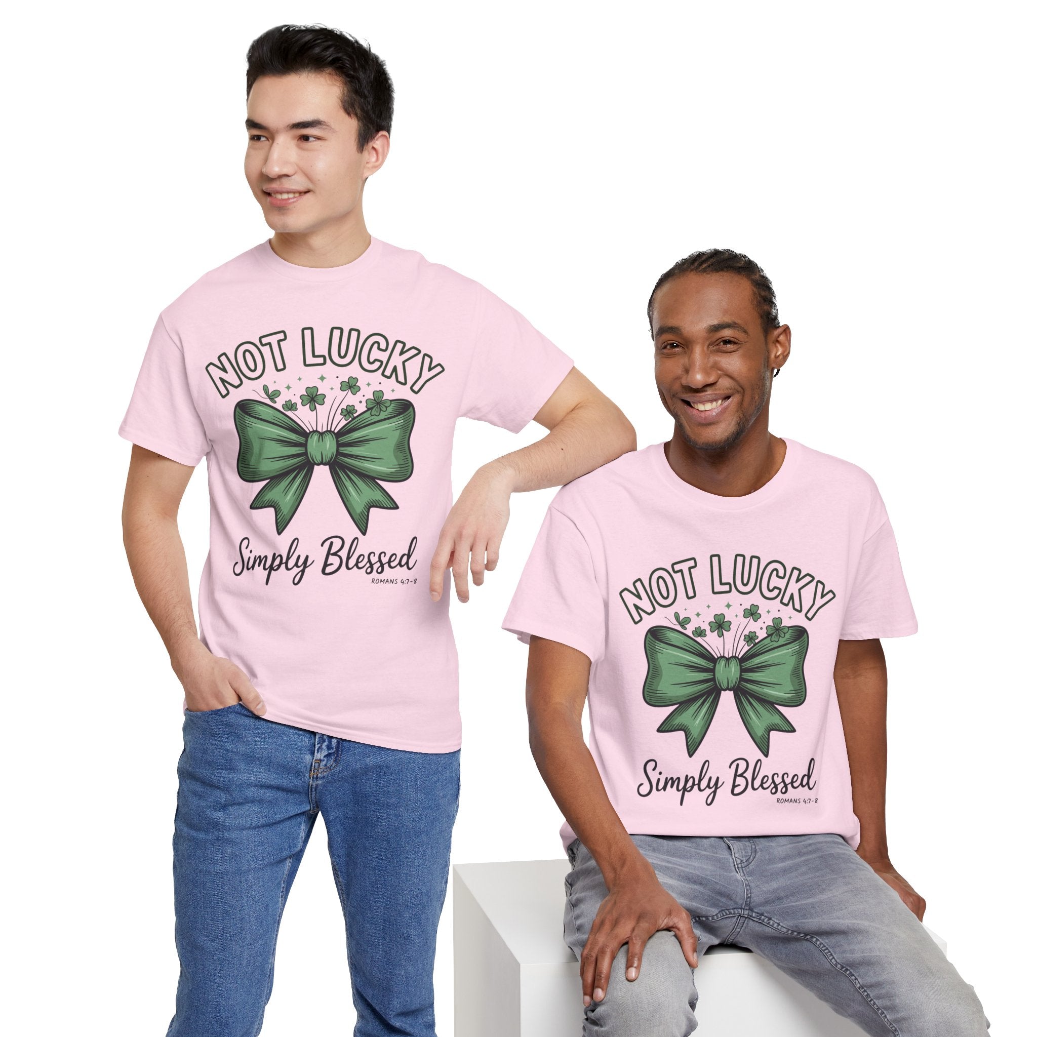 Not Lucky, Simply Blessed T-Shirt — Green Bow & Clovers St. Patrick’s Unisex Cotton Tee