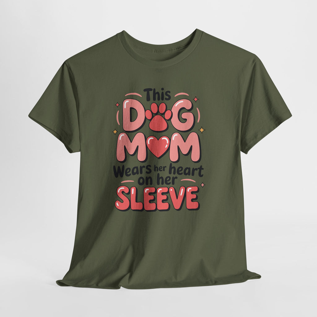 Dog Mom T-Shirt — "This Dog Mom Wears Her Heart on Her Sleeve" Paw & Heart Unisex Cotton Tee