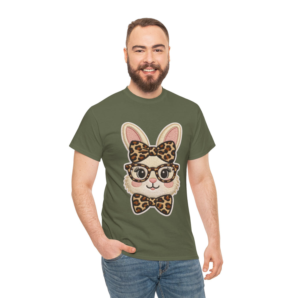 Leopard Bow Bunny Embroidered Tee — Cute Bunny Face with Glasses Patch Unisex Cotton Tee