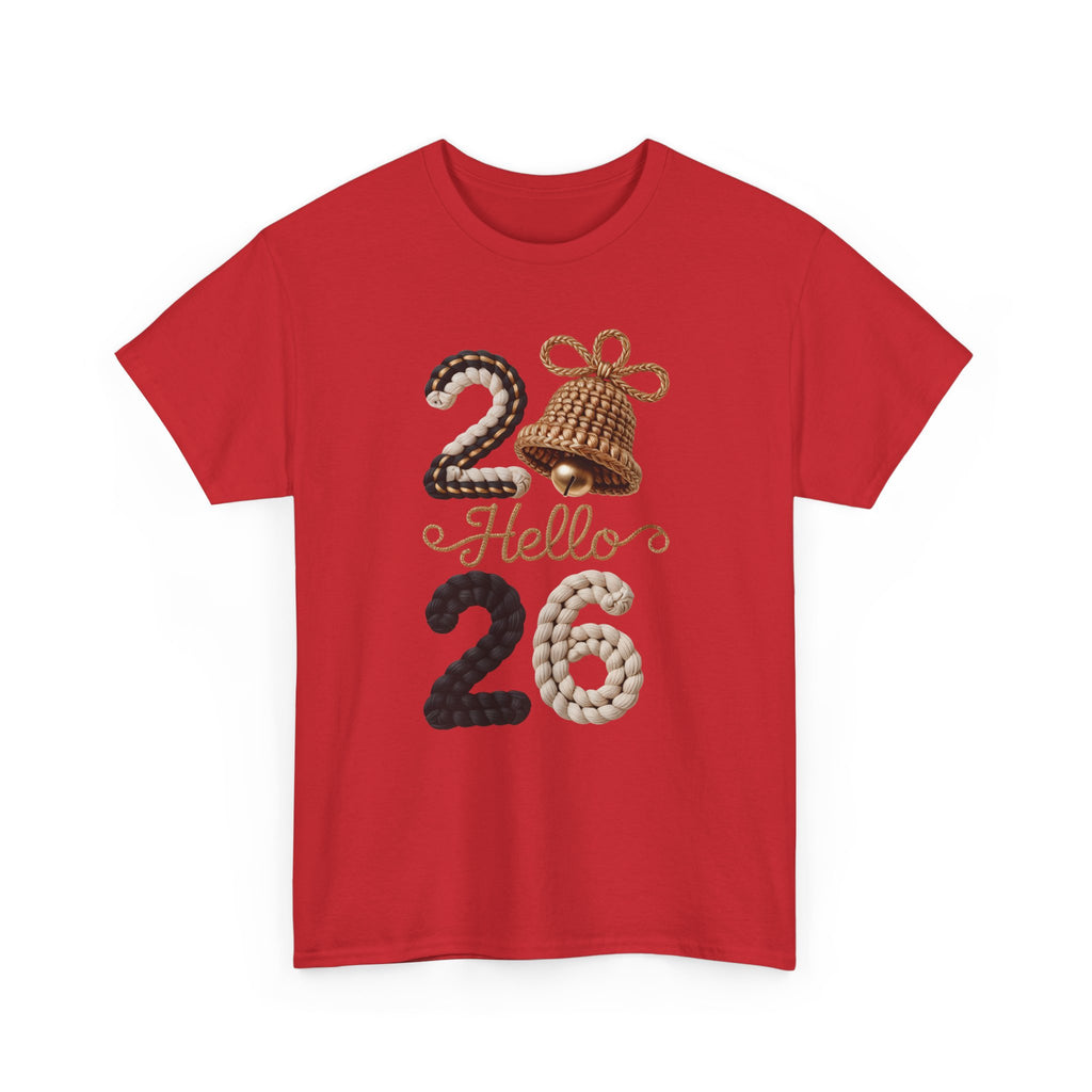 Hello 2026 Tee — Cozy Faux Yarn Braided Numbers with Woven Golden Bell..Unisex Cotton Tee