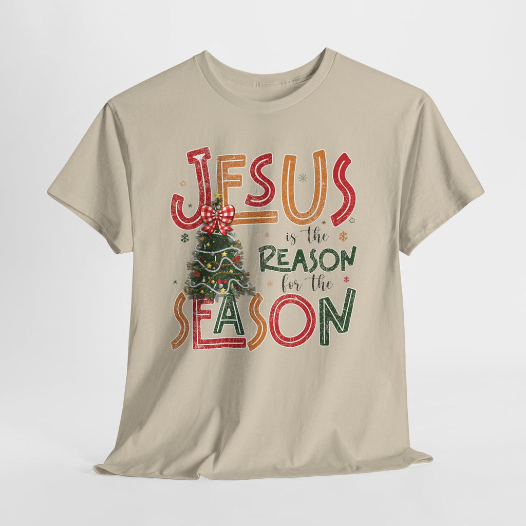 Jesus Is the Reason for the Season Christmas T-Shirt — Plaid Bow Tree..Unisex Cotton Tee