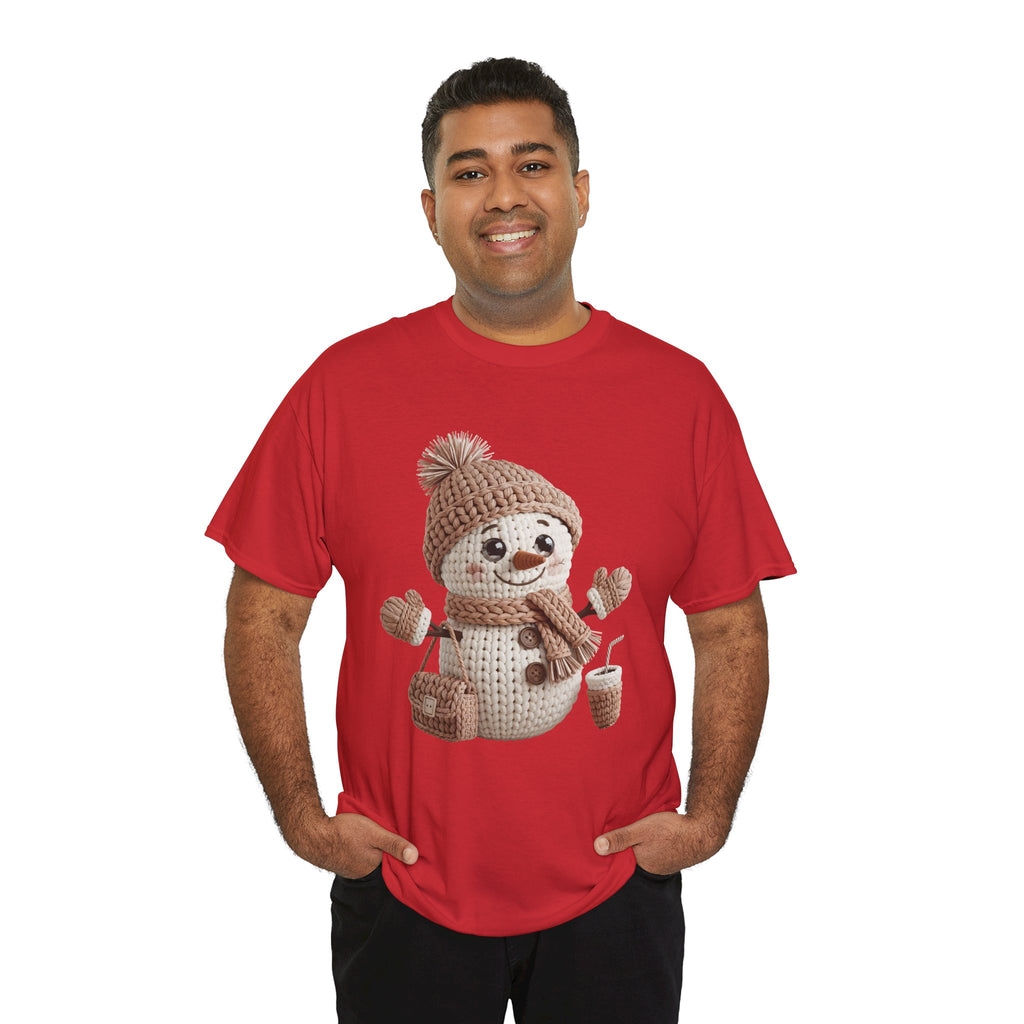 Snowman Knit‑Style Graphic Tee — Cute Faux‑Yarn Snowman with Hat, Scarf & Mittens.Unisex Cotton Tee