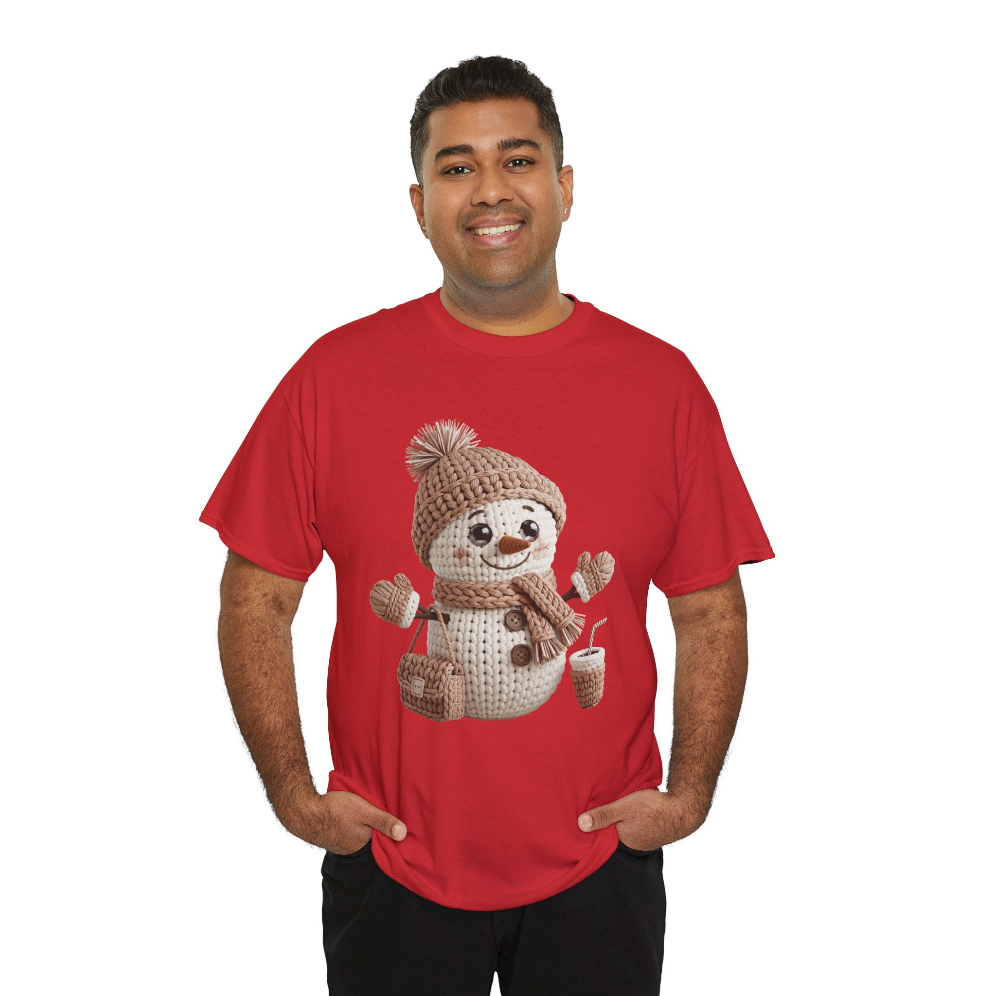 Snowman Knit‑Style Graphic Tee — Cute Faux‑Yarn Snowman with Hat, Scarf & Mittens.Unisex Cotton Tee