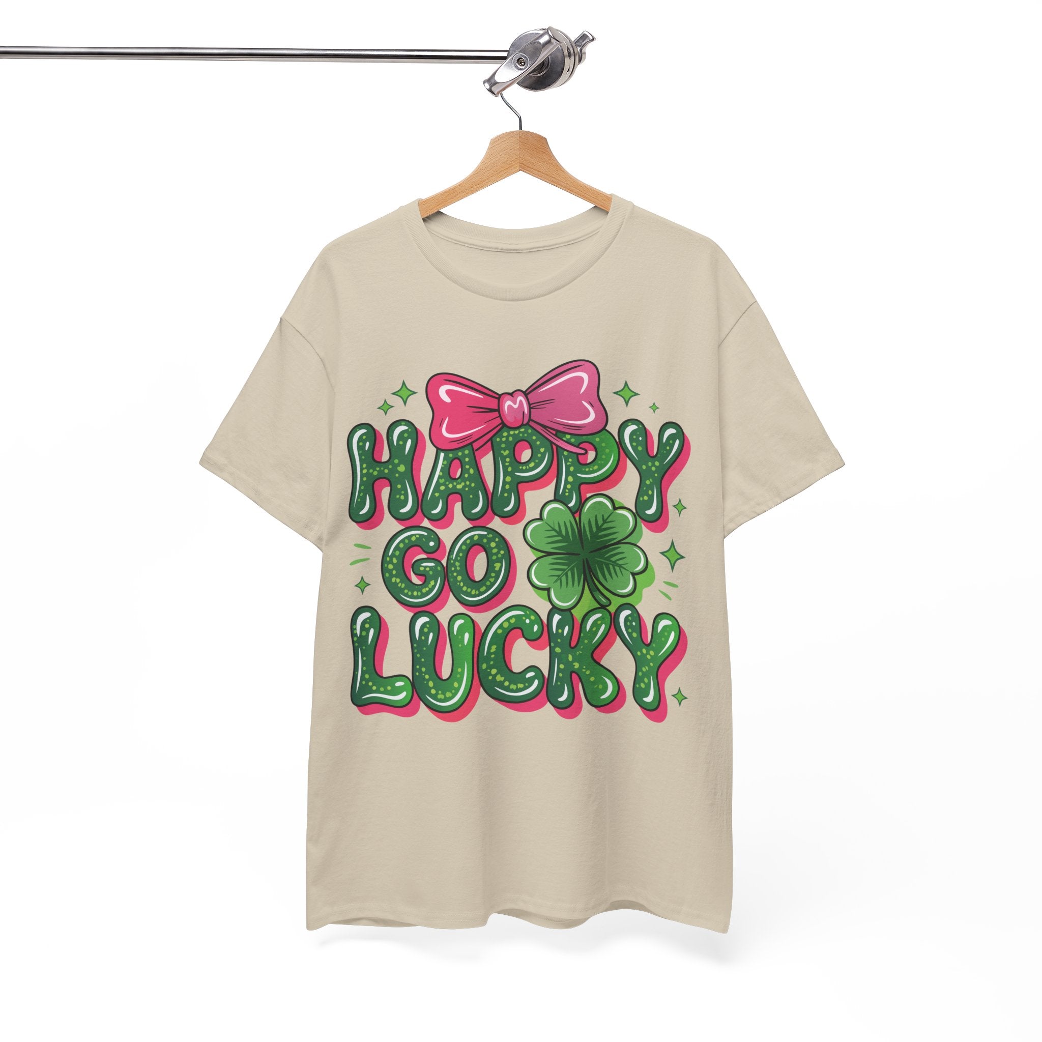 Happy Go Lucky Four-Leaf Clover Tee — Glossy Green Letters & Pink Bow Unisex Cotton Tee