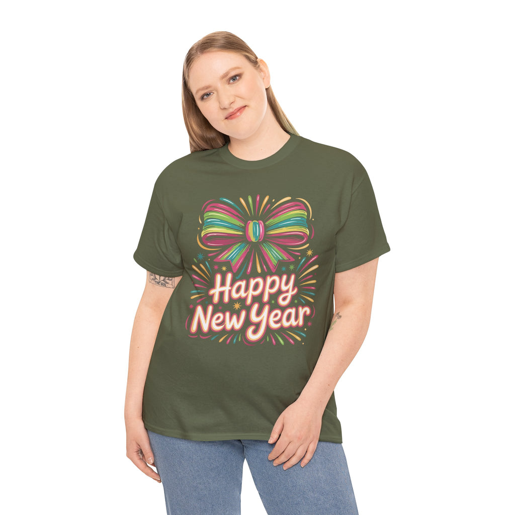 Happy New Year Pastel Tee — Rainbow Bow & Fireworks Celebration Unisex Cotton Tshirt