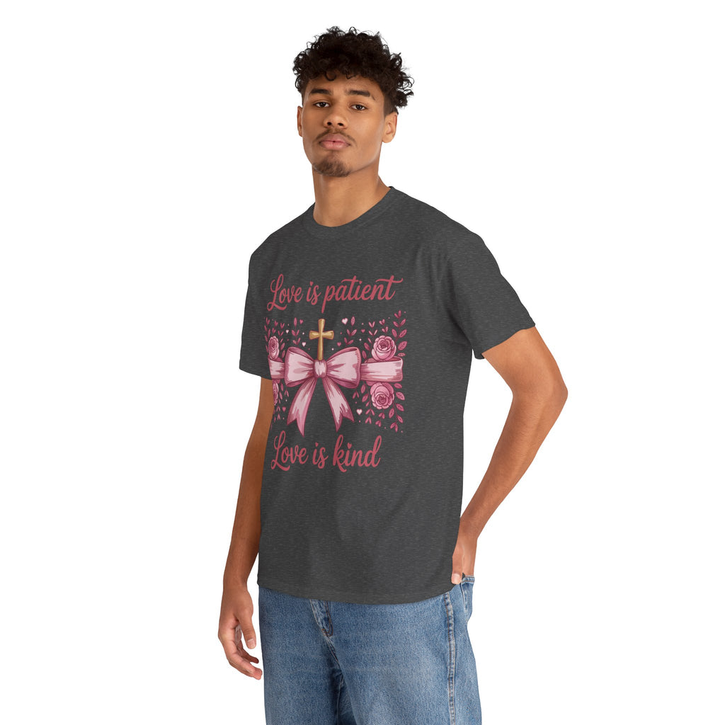 Christian Floral Tee — "Love is Patient, Love is Kind" Pink Rose Cross. Unisex Cotton Tee