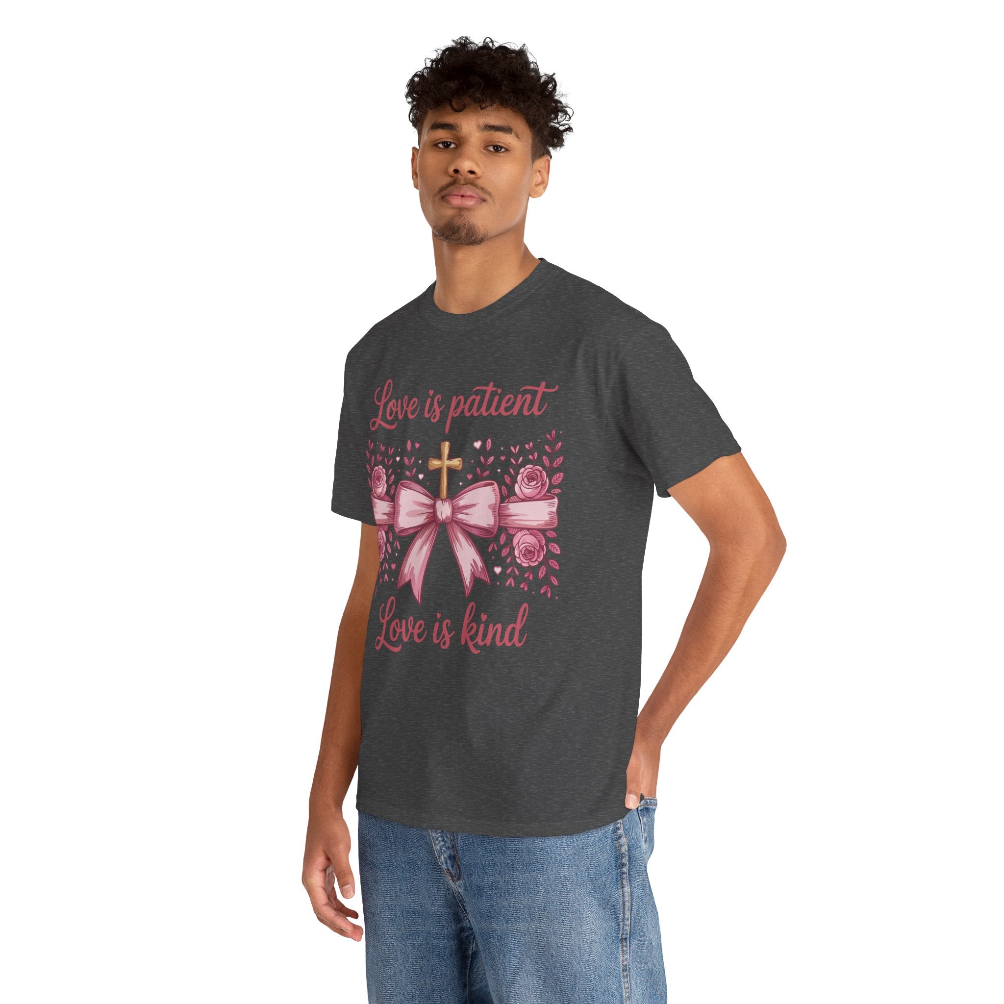 Christian Floral Tee — "Love is Patient, Love is Kind" Pink Rose Cross. Unisex Cotton Tee