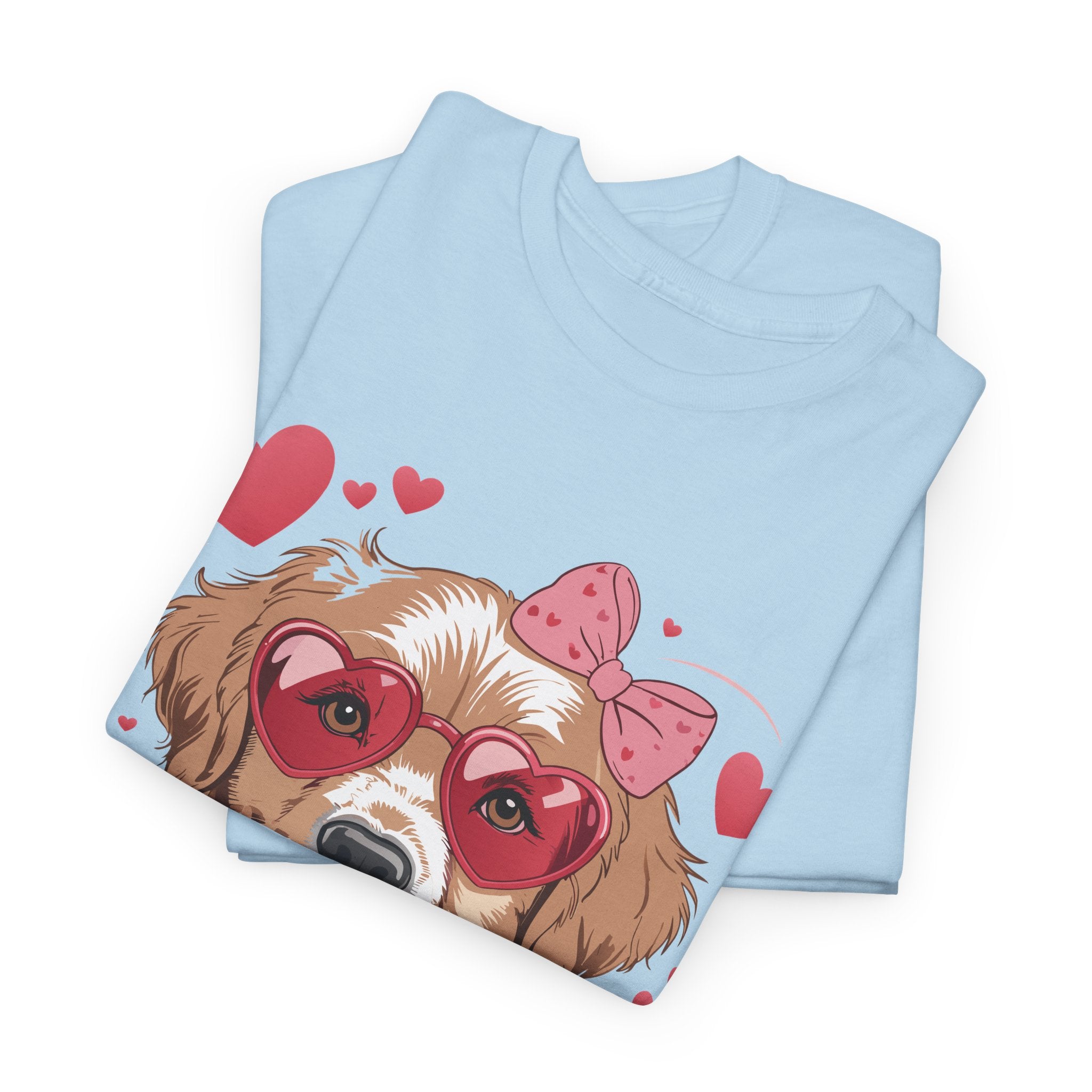 Valentine Dog T-Shirt — Cute Pup with Heart Glasses, Pink Bow & Lollipop..Unisex Cotton Tee