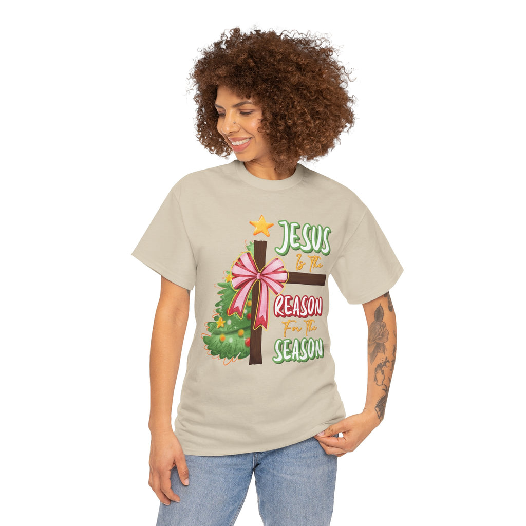 Jesus Is the Reason for the Season Christmas Tee — Cross with Pink Bow & Tree. Unisex Cotton Tee