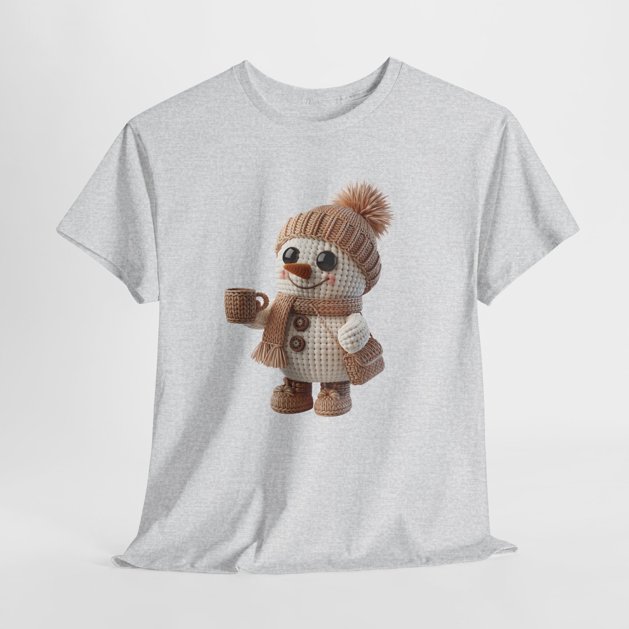 Cozy Snowman Tee — Smiling Snowman with Mug, Scarf & Beanie. Unisex Cotton Tee
