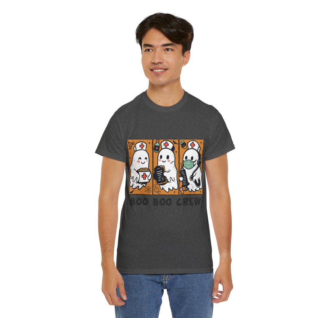 Halloween Nurse T-Shirt — Ghost Nurses Holding Medical Tools on Orange Unisec Cotton Tee