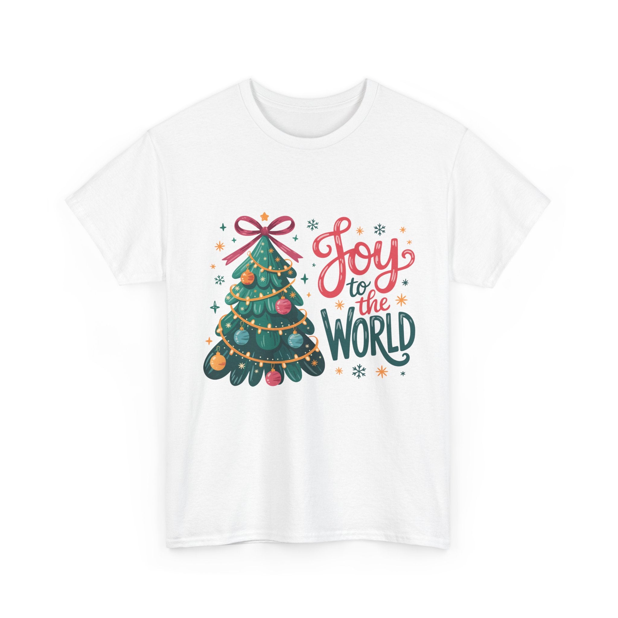 Joy to the World Christmas Tee — Festive Tree with Pink Bow..Unisex Cotton Tee