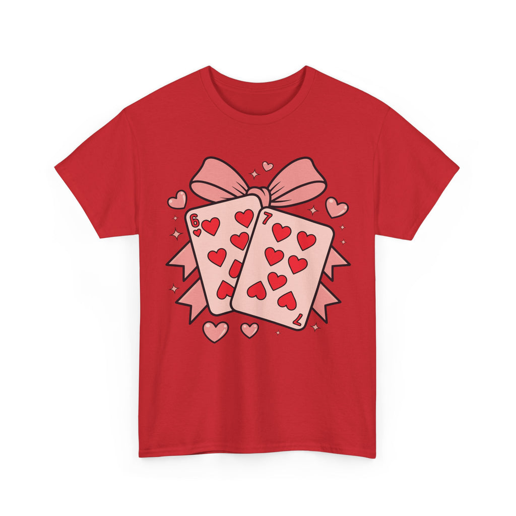 6 & 7 of Hearts T-Shirt — Paired Playing Cards with Pink Bow Unisex Cotton Tee