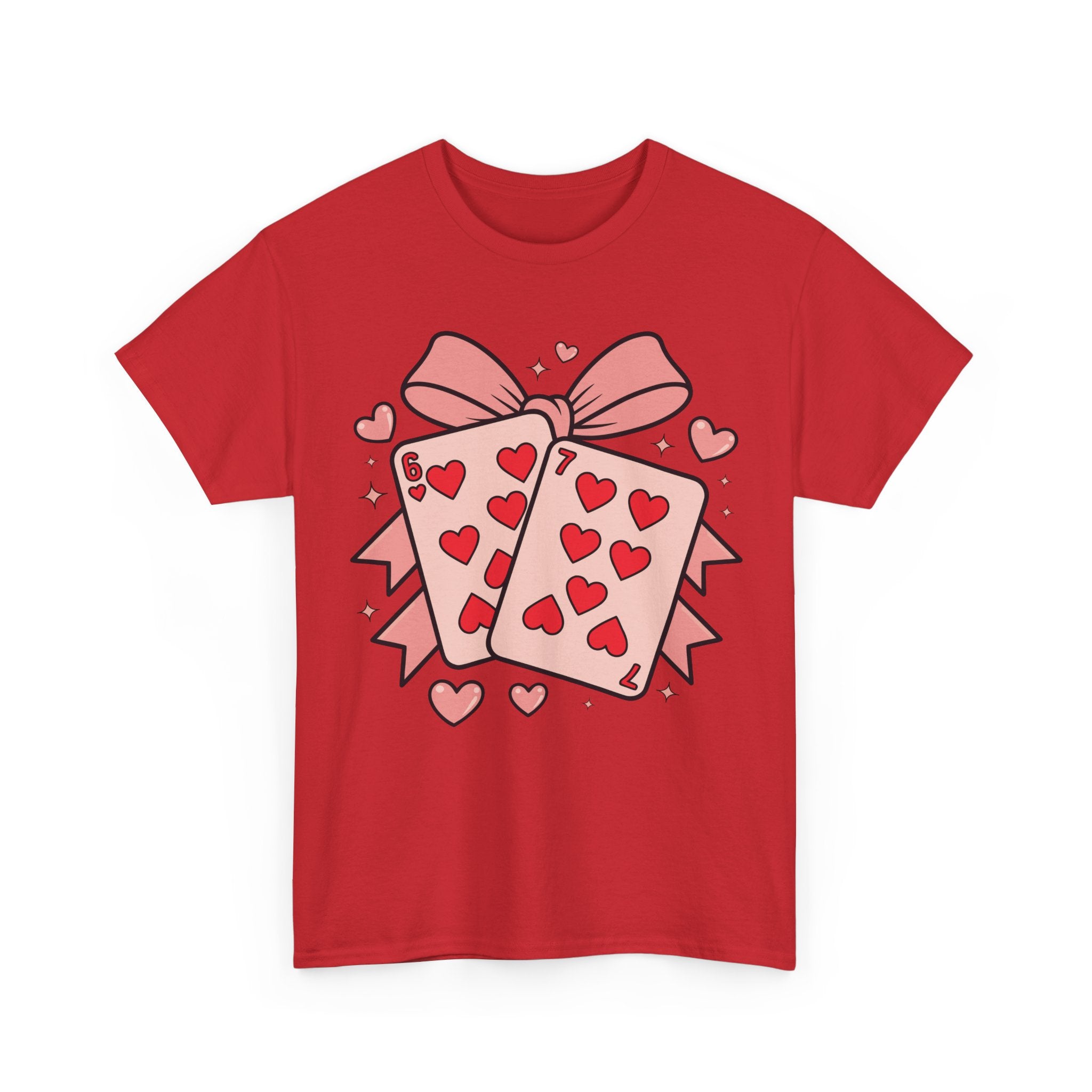 6 & 7 of Hearts T-Shirt — Paired Playing Cards with Pink Bow Unisex Cotton Tee