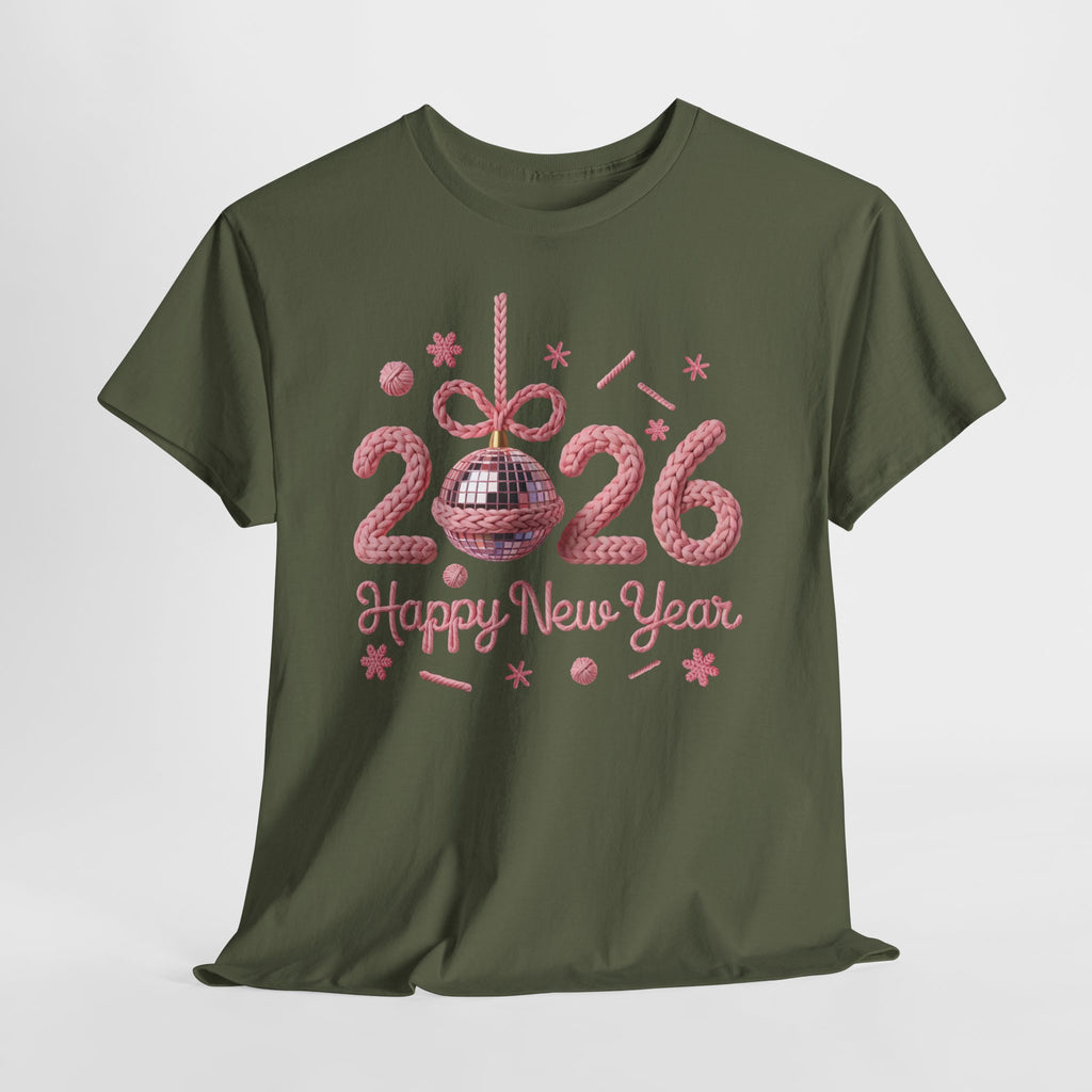 2026 Happy New Year Pink Knitted Disco Ball Unisex Cotton Tee
