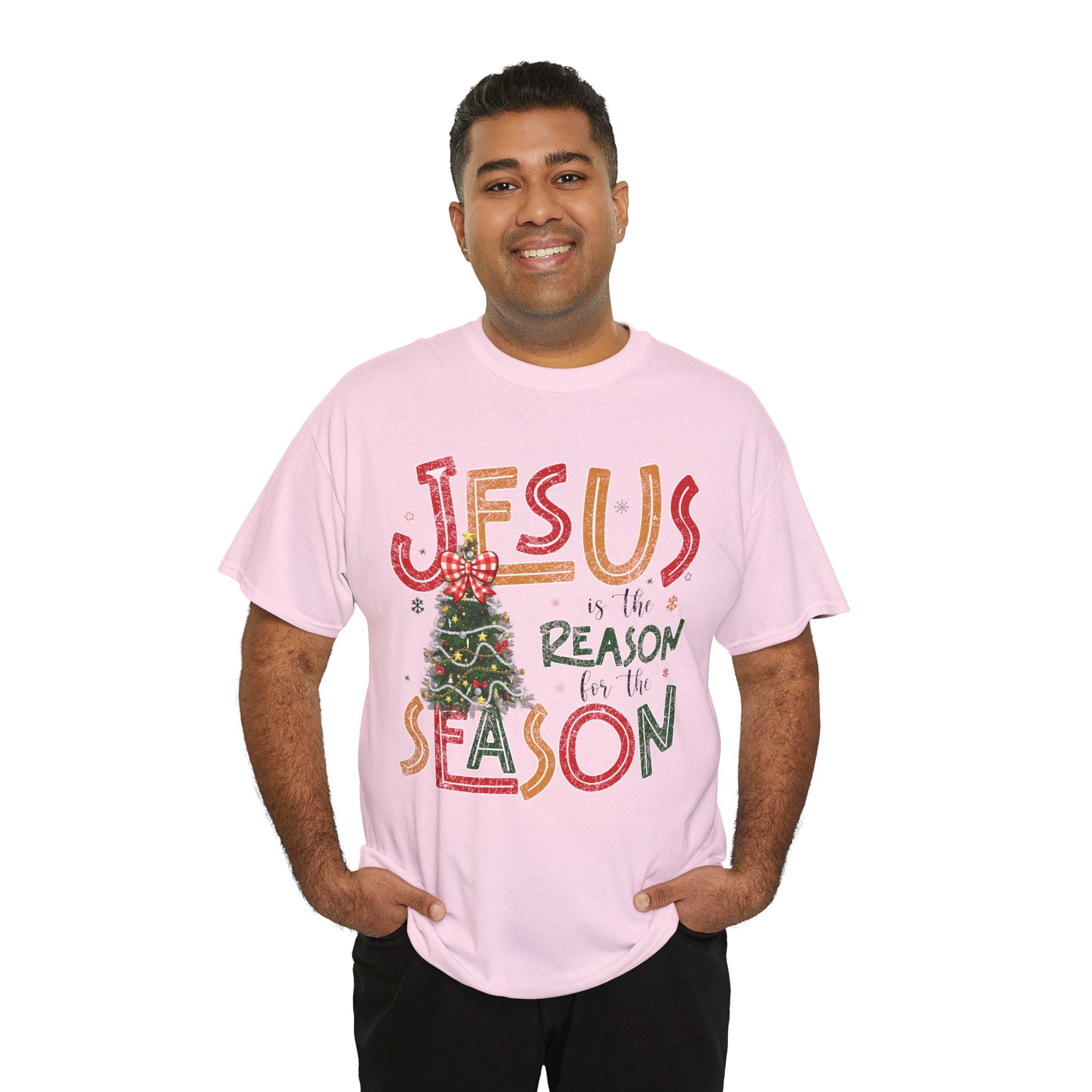 Jesus Is the Reason for the Season Christmas T-Shirt — Plaid Bow Tree..Unisex Cotton Tee