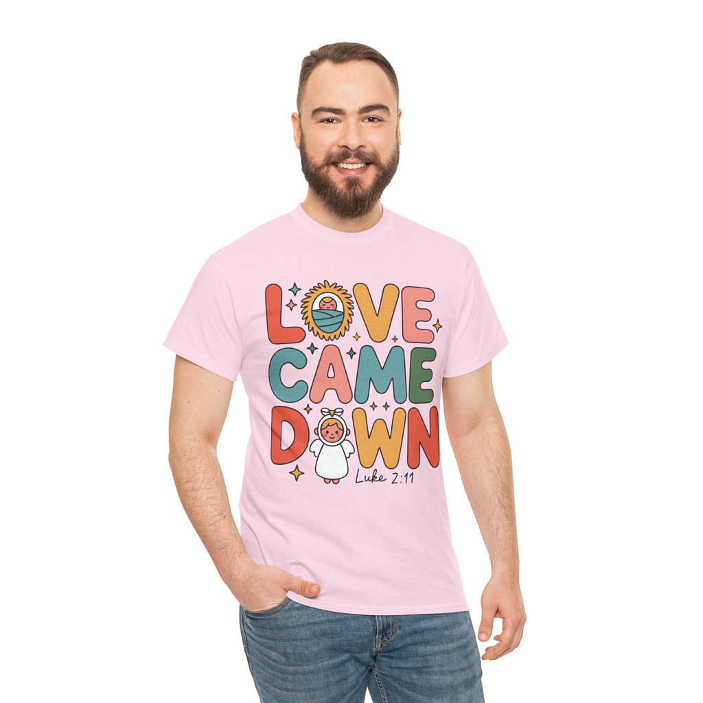 Love Came Down Christmas Tee — Baby Jesus Manger Angel (Luke 2:11)..Unisex Cotton Tee