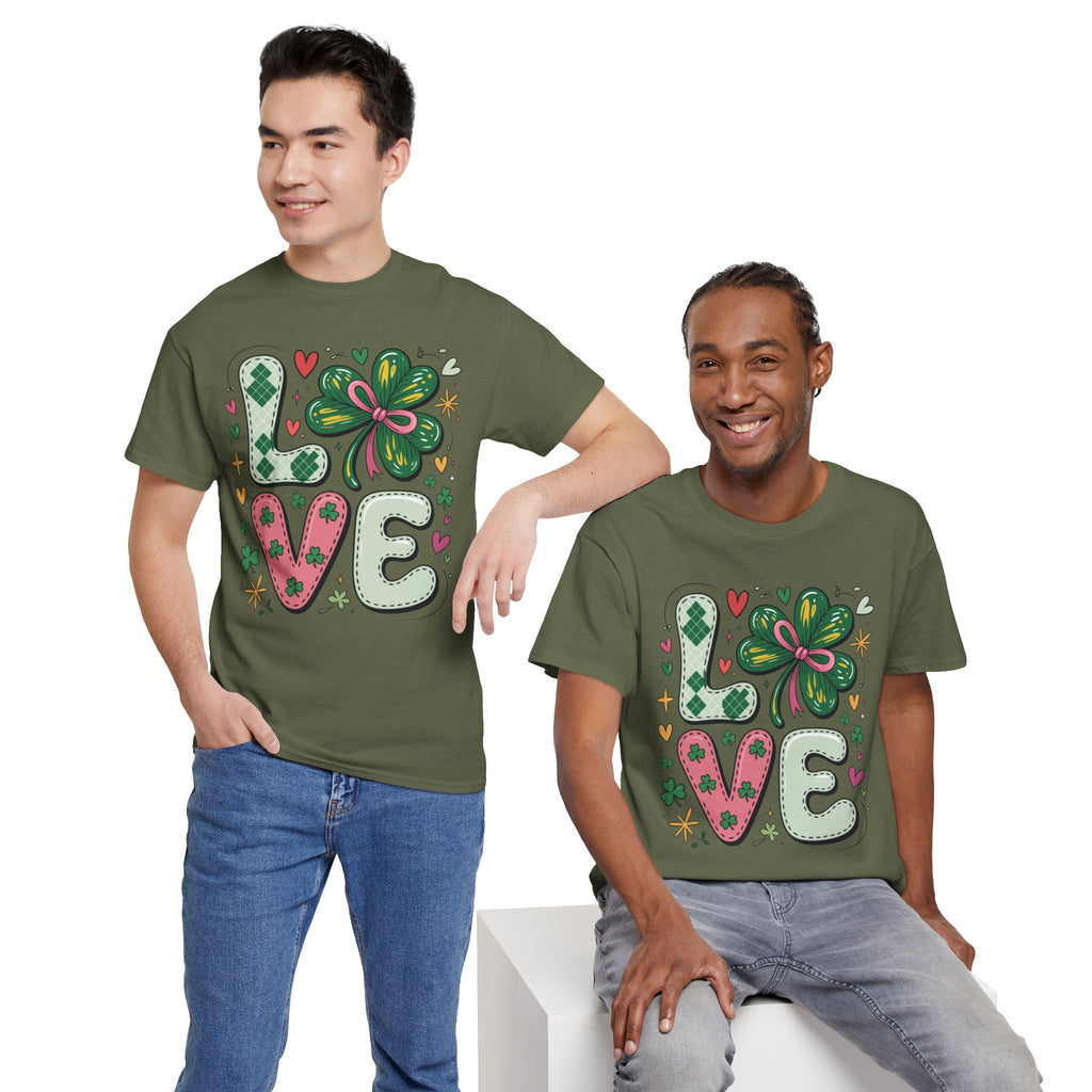 Stitched Clover 'LOVE' Tee — Heart & Patchwork St. Patrick's Unisex Cotton T-Shirt