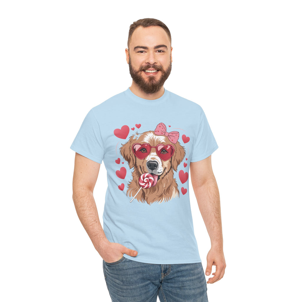 Valentine Dog T-Shirt — Cute Pup with Heart Glasses, Pink Bow & Lollipop..Unisex Cotton Tee