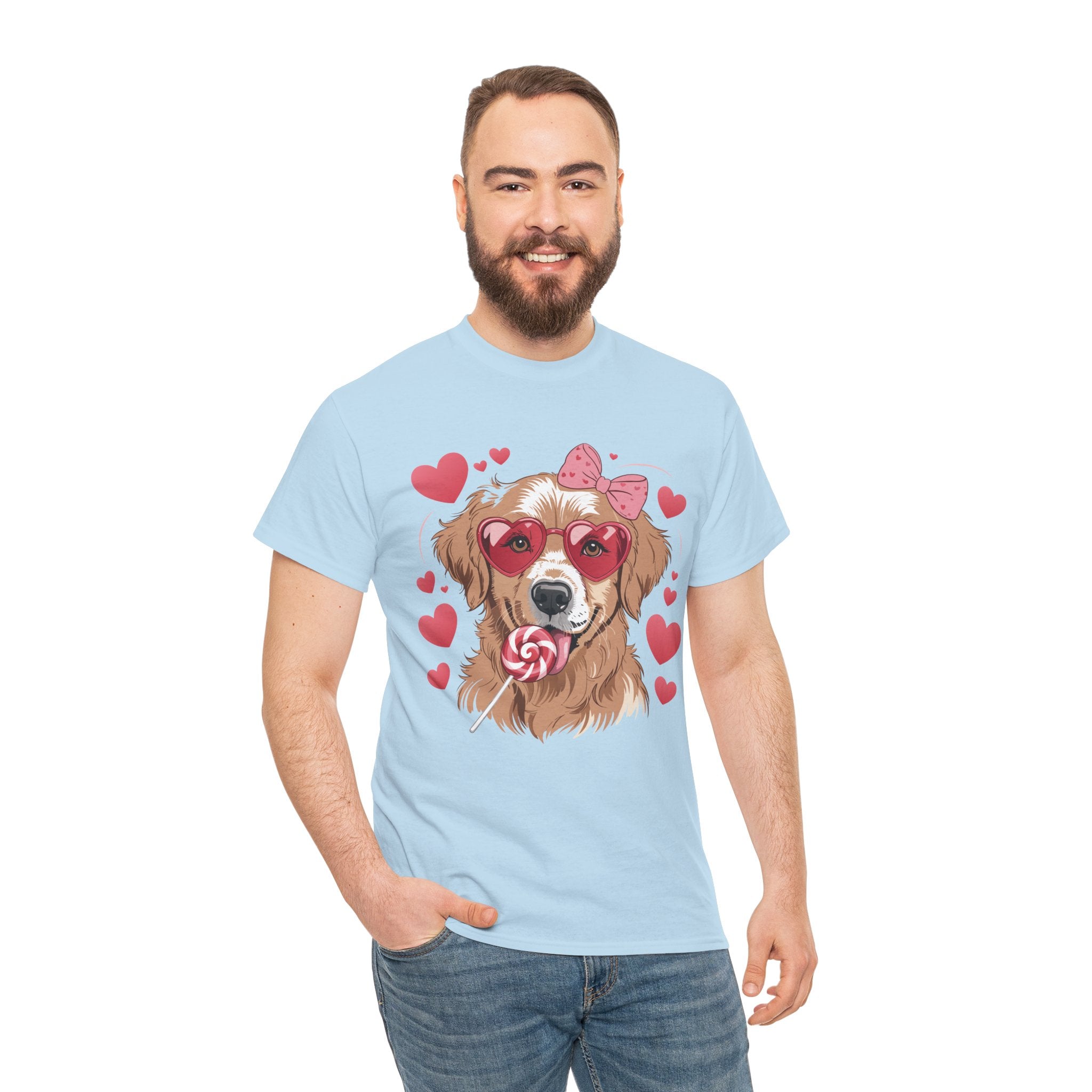 Valentine Dog T-Shirt — Cute Pup with Heart Glasses, Pink Bow & Lollipop..Unisex Cotton Tee