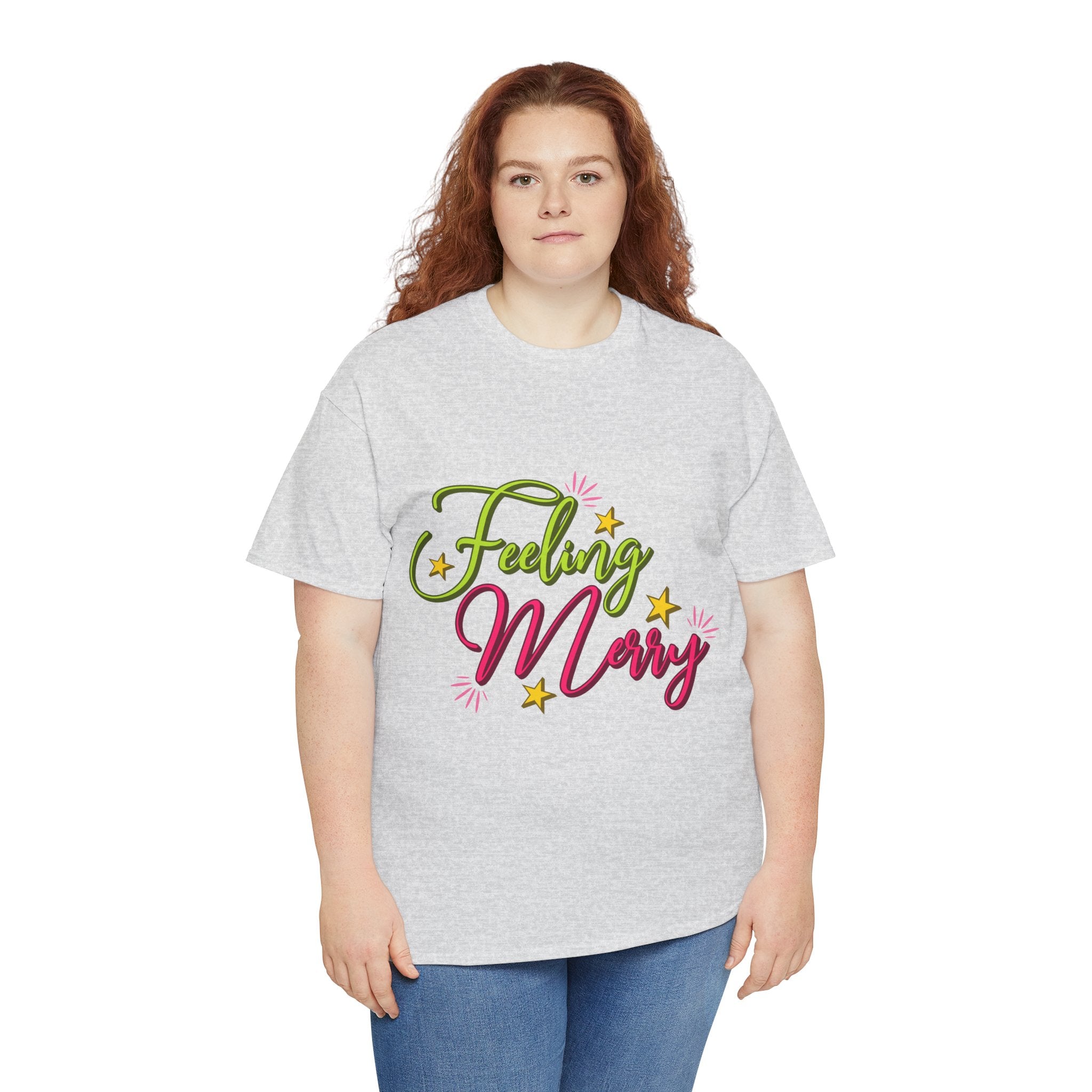 Feeling Merry T-Shirt — Bright Green & Pink Holiday Tee with Stars.Unisex Cotton Tee