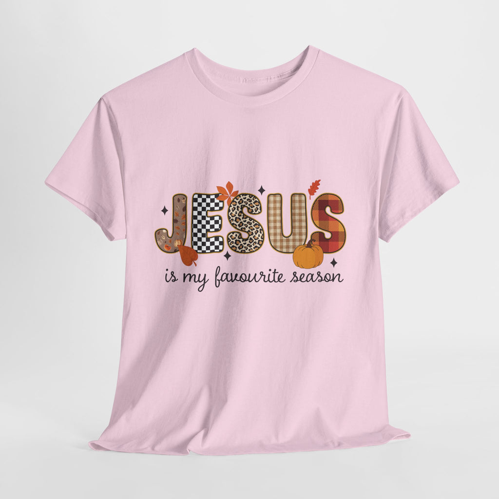 Jesus Is My Favorite Season Tee — Autumn Plaid & Leopard Lettering Unisex Cotton Tee