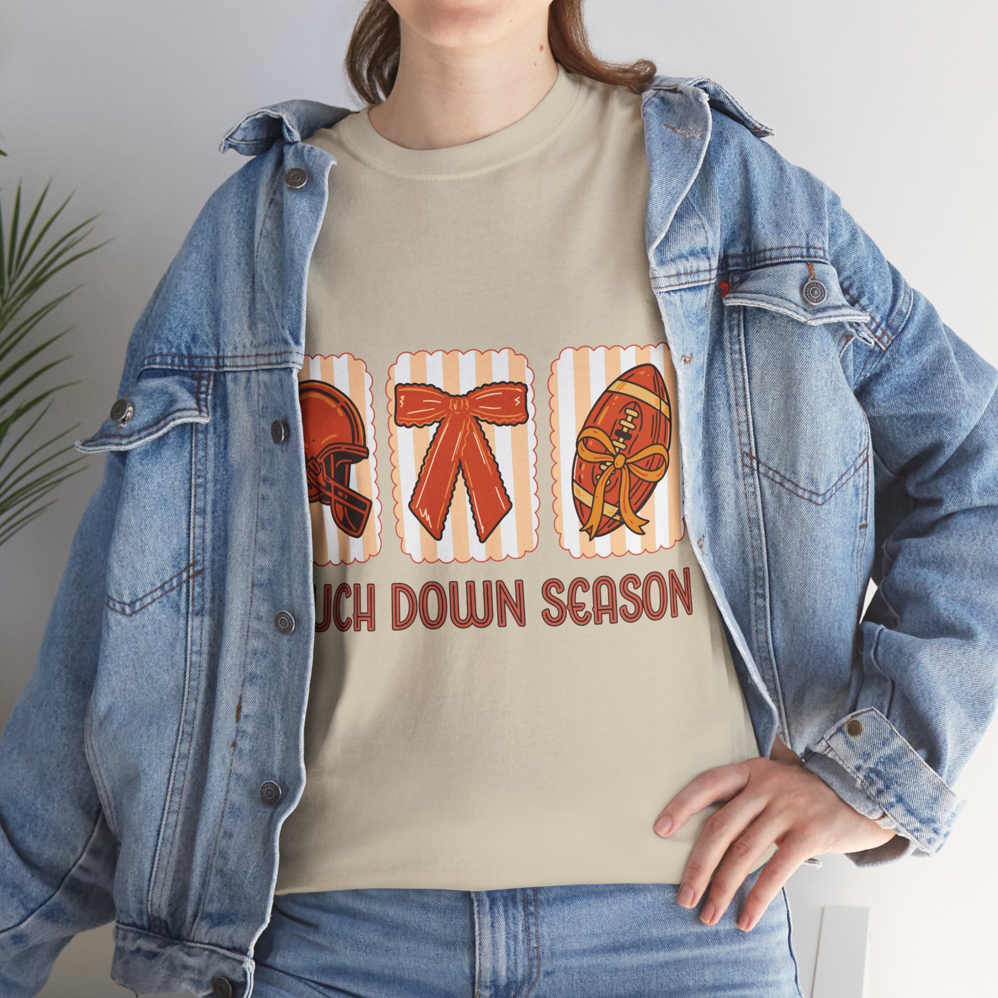 Touch Down Season Football Tee — Striped Fall Helmet & Bow Design Unisex Cotton Tee