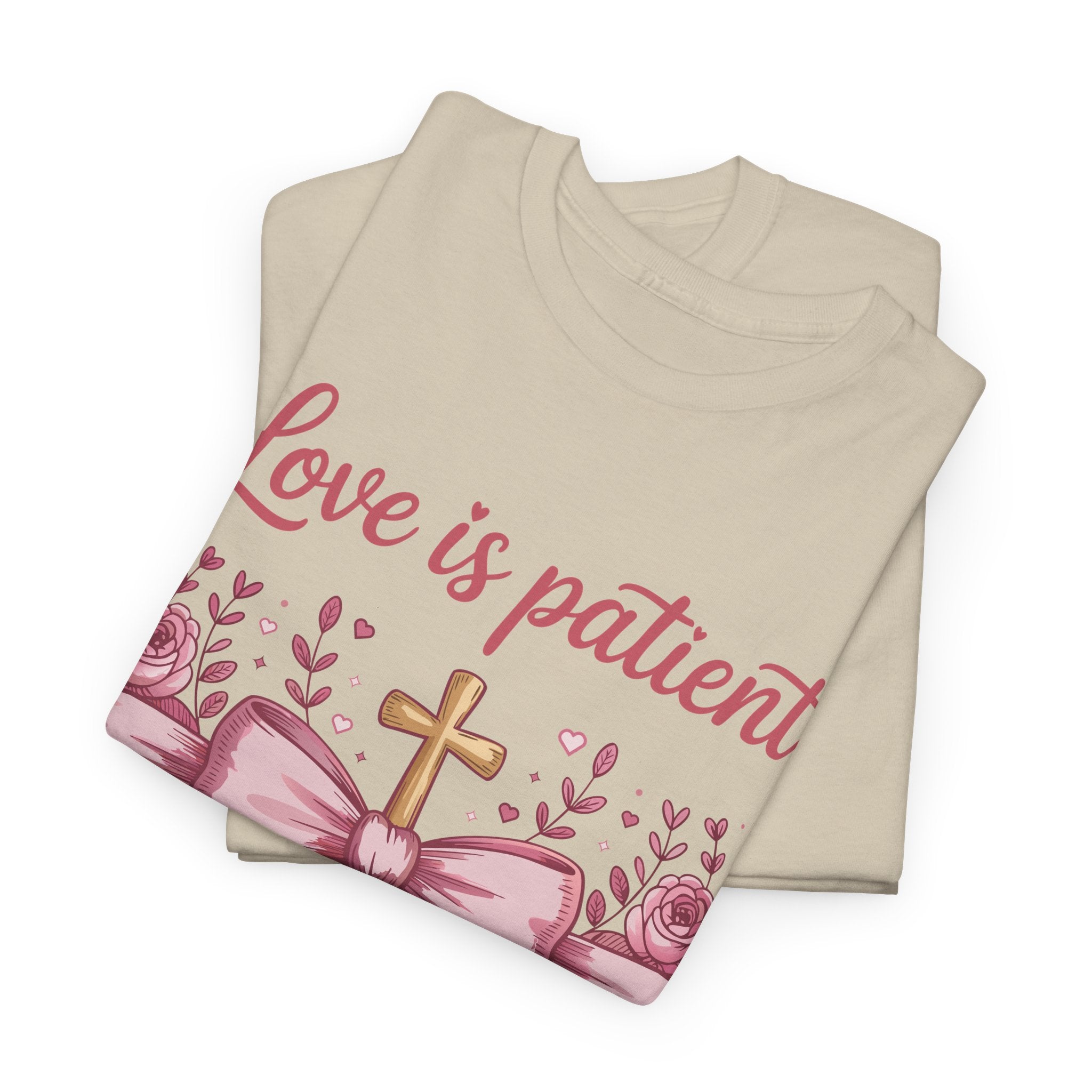 Christian Floral Tee — "Love is Patient, Love is Kind" Pink Rose Cross. Unisex Cotton Tee