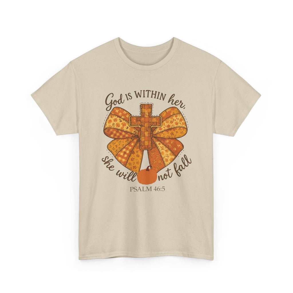Psalm 46:5 Cross Patchwork Tee — Fall Bow Christian Unisex Cotton T-Shirt